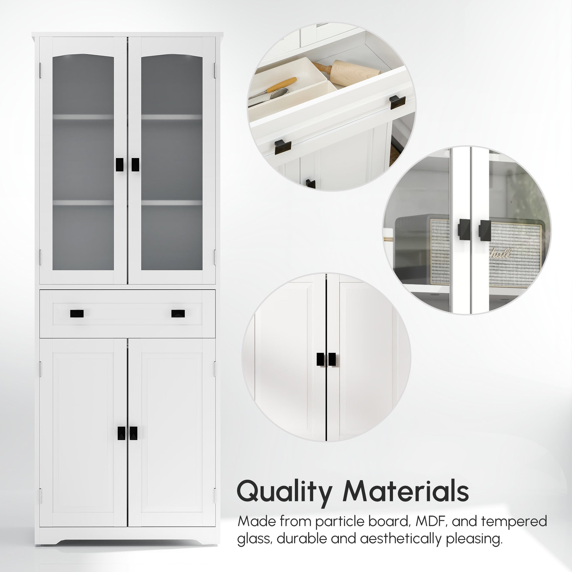 Kitchen Pantry Cabinet 63" White Glass Doors-DECOROLALA
