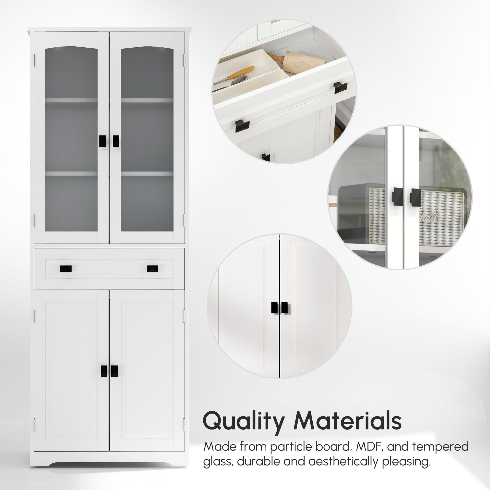 Kitchen Pantry Cabinet 63" White Glass Doors-DECOROLALA