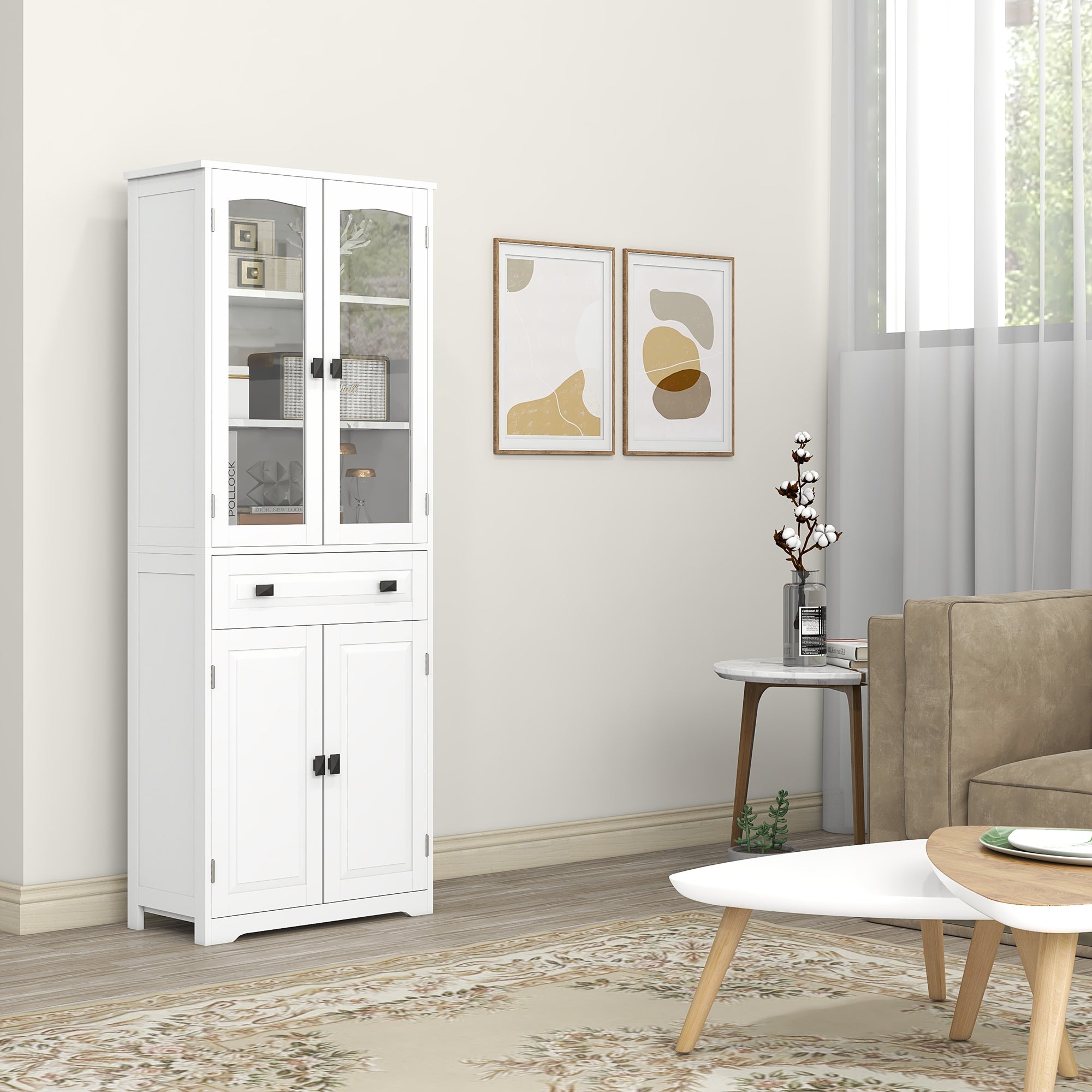Kitchen Pantry Cabinet 63" White Glass Doors-DECOROLALA