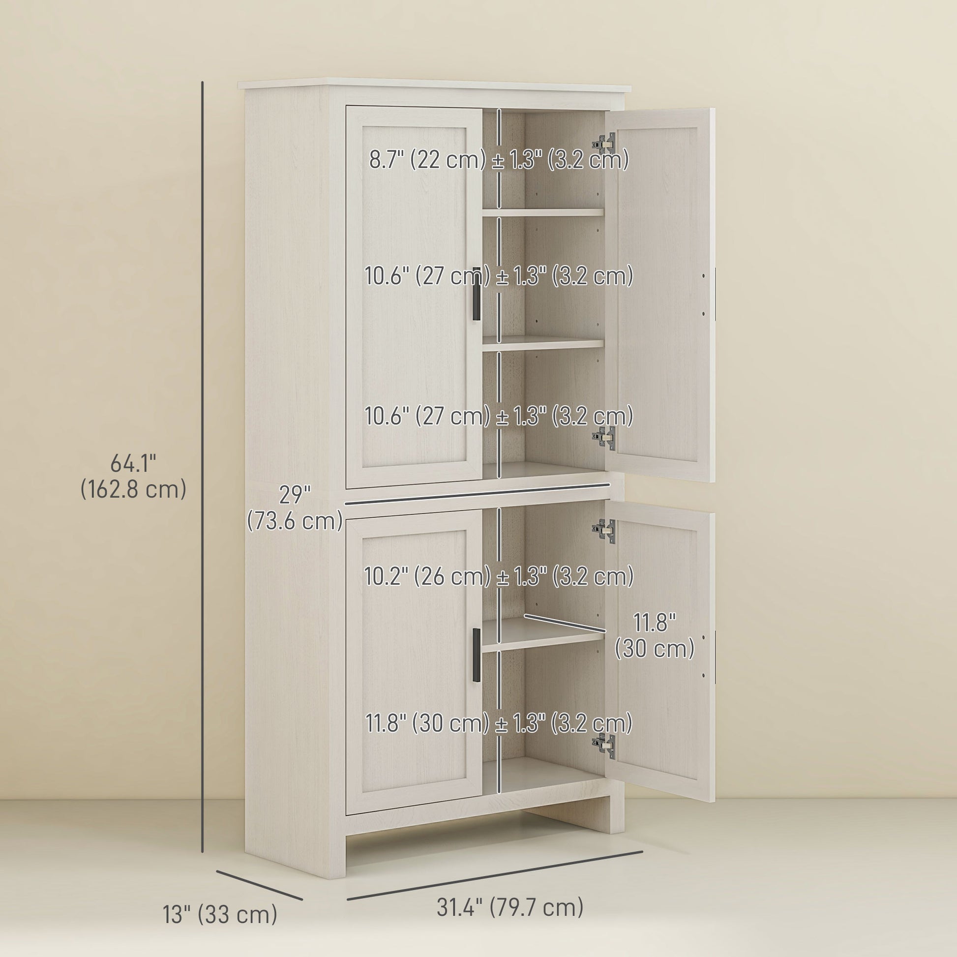 Kitchen Pantry Cabinet 64" - Antique White 4 Door-DECOROLALA