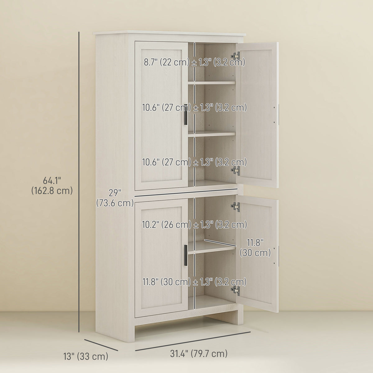 Kitchen Pantry Cabinet 64" - Antique White 4 Door-DECOROLALA