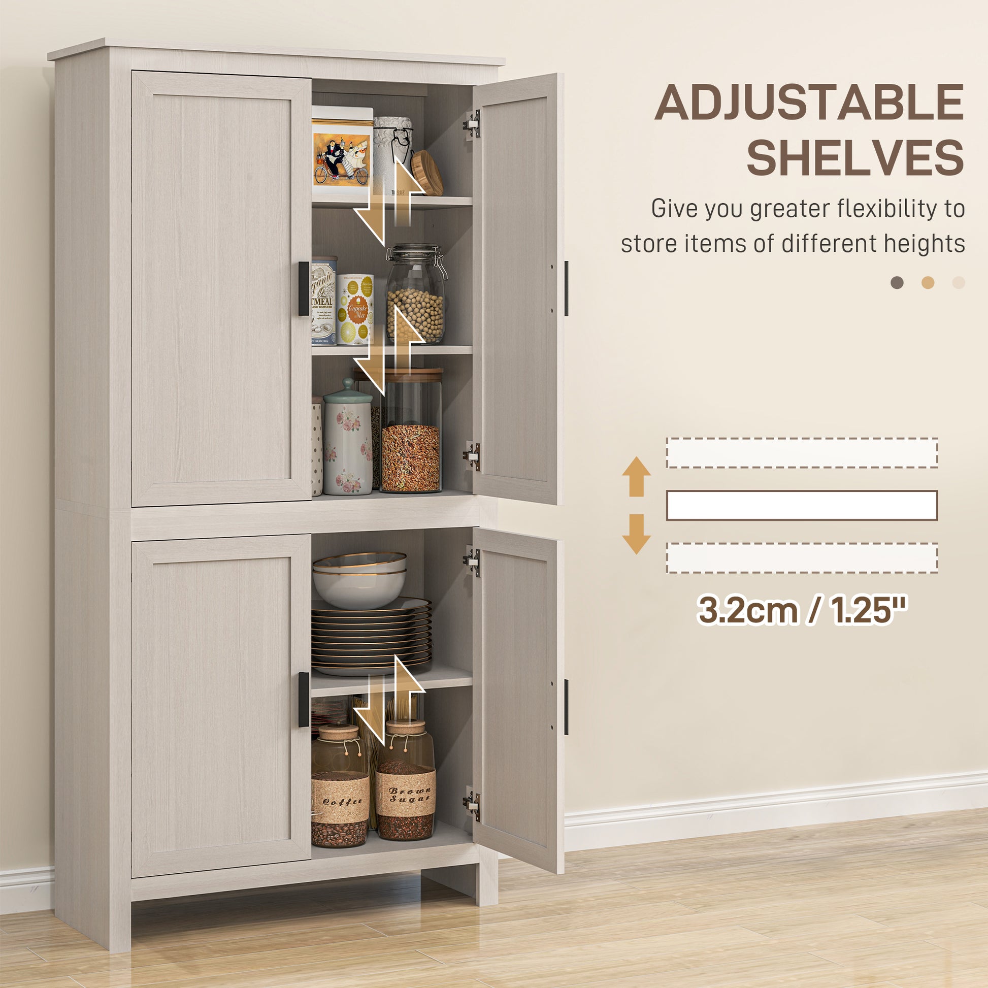 Kitchen Pantry Cabinet 64" - Antique White 4 Door-DECOROLALA