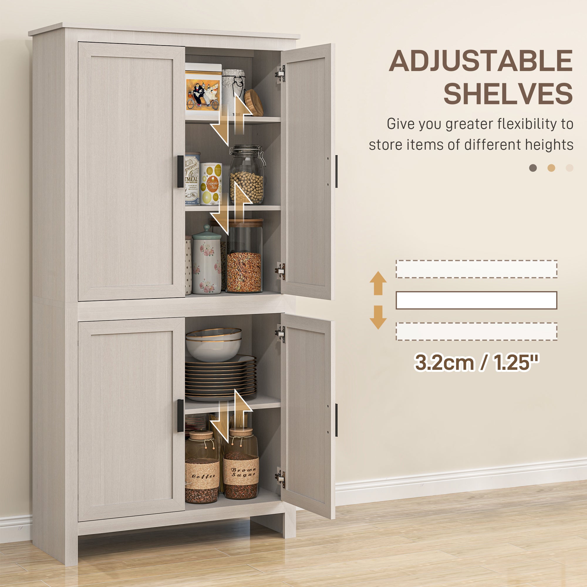 Kitchen Pantry Cabinet 64" - Antique White 4 Door-DECOROLALA