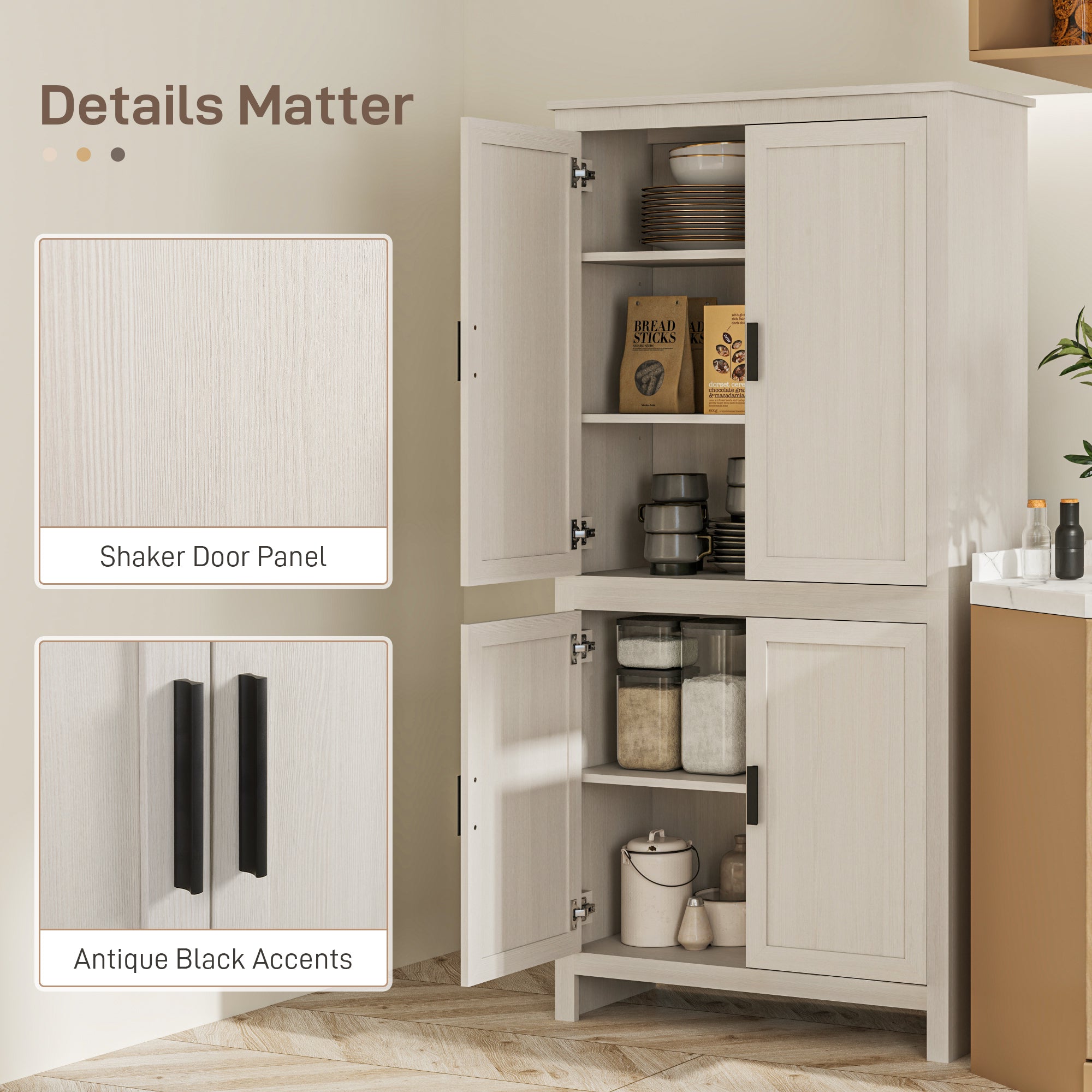 Kitchen Pantry Cabinet 64" - Antique White 4 Door-DECOROLALA
