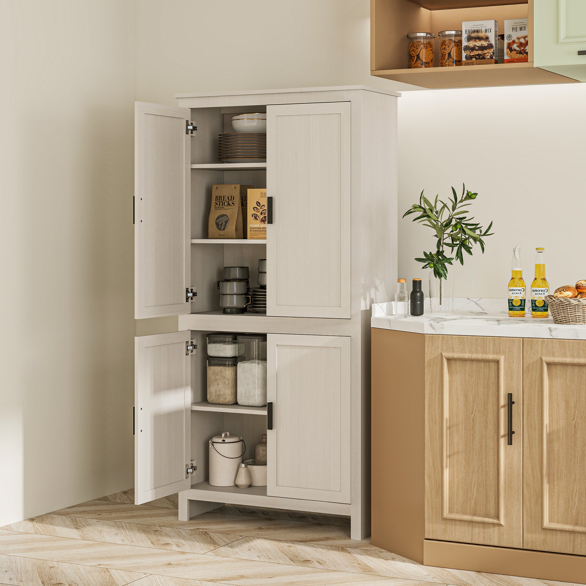 Kitchen Pantry Cabinet 64" - Antique White 4 Door-DECOROLALA