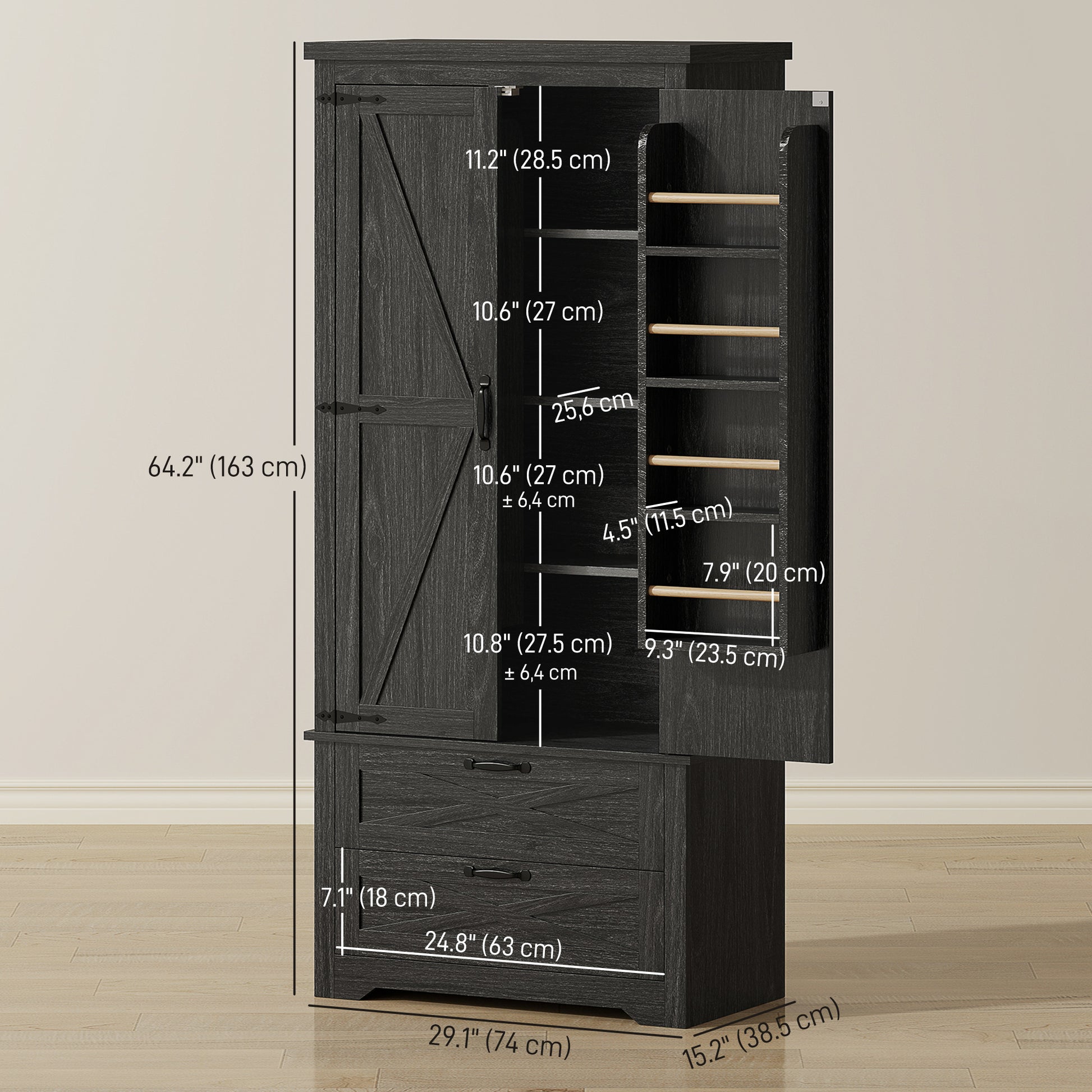 Kitchen Pantry Cabinet 64" Distressed Black-DECOROLALA