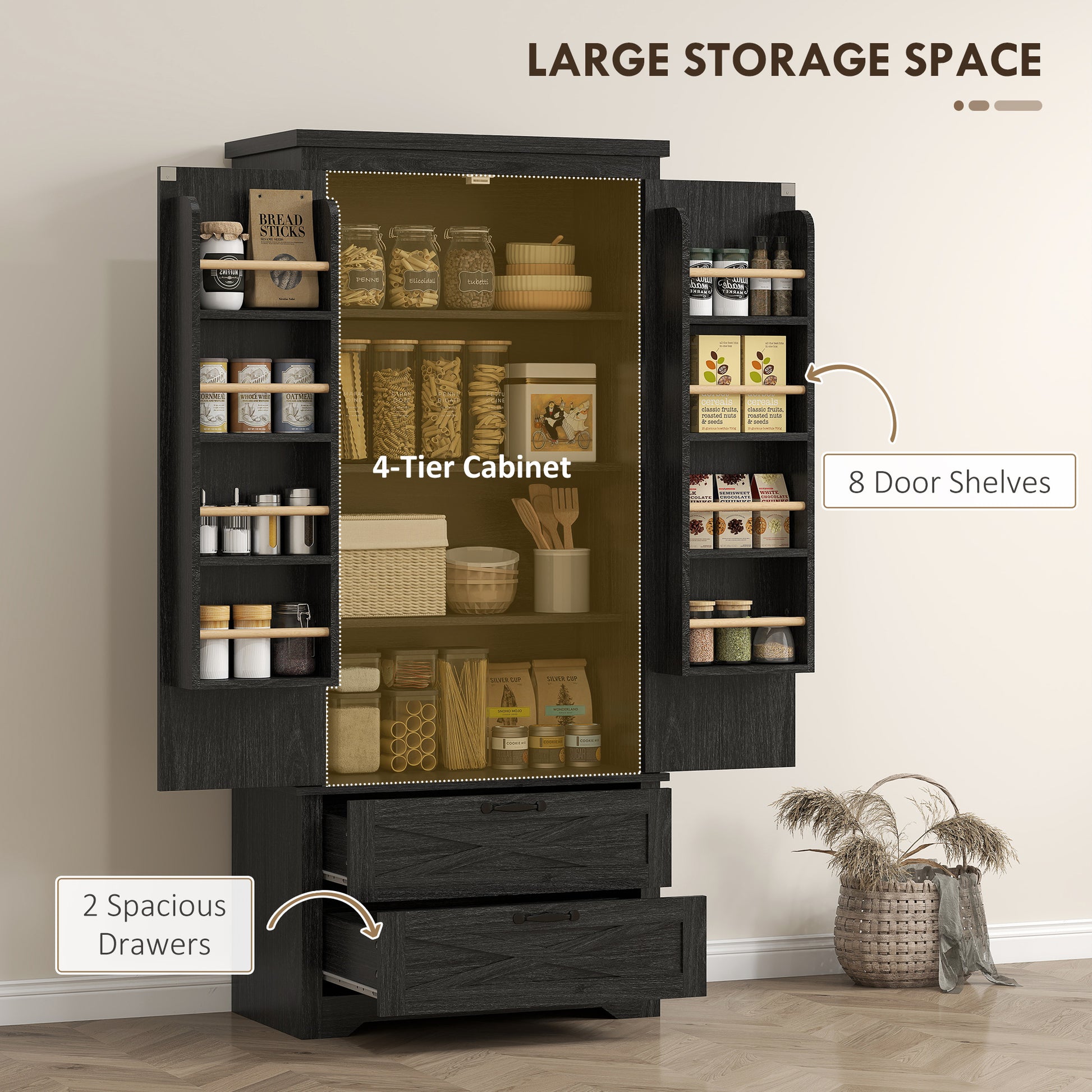 Kitchen Pantry Cabinet 64" Distressed Black-DECOROLALA