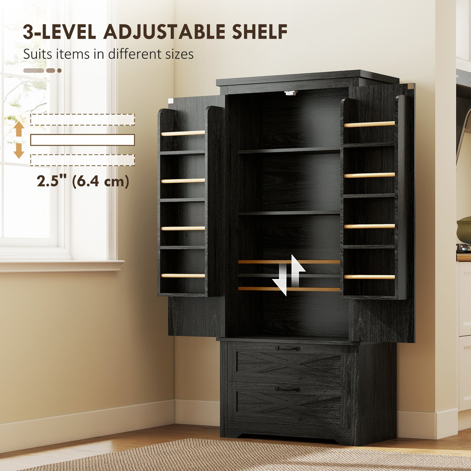 Kitchen Pantry Cabinet 64" Distressed Black-DECOROLALA