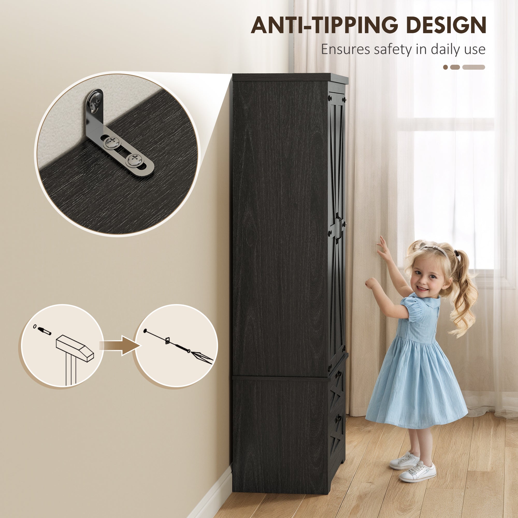 Kitchen Pantry Cabinet 64" Distressed Black-DECOROLALA