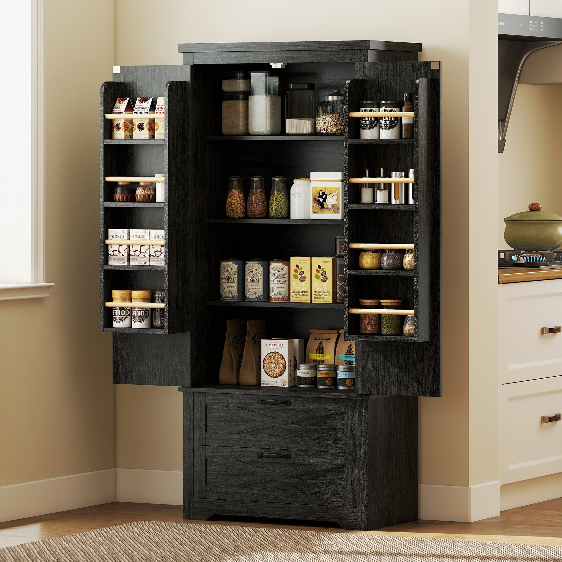 Kitchen Pantry Cabinet 64" Distressed Black-DECOROLALA