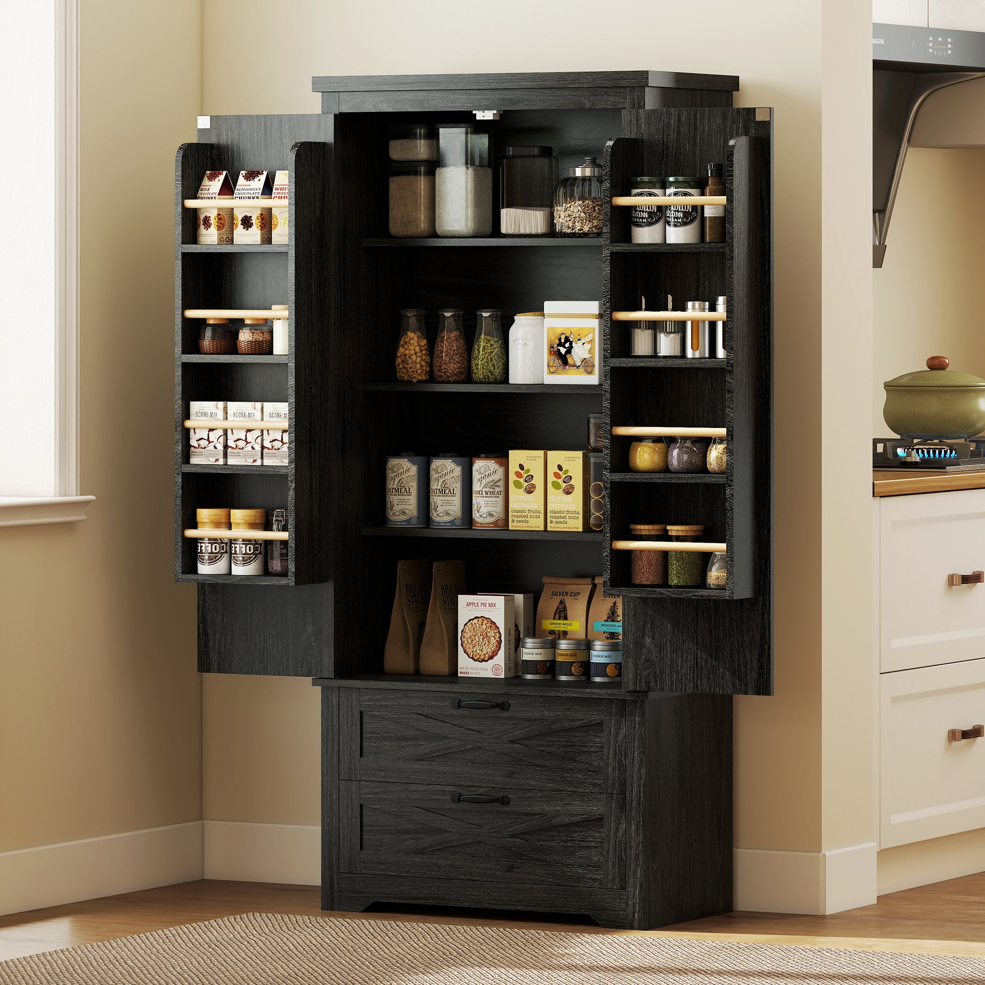 Kitchen Pantry Cabinet 64" Distressed Black-DECOROLALA