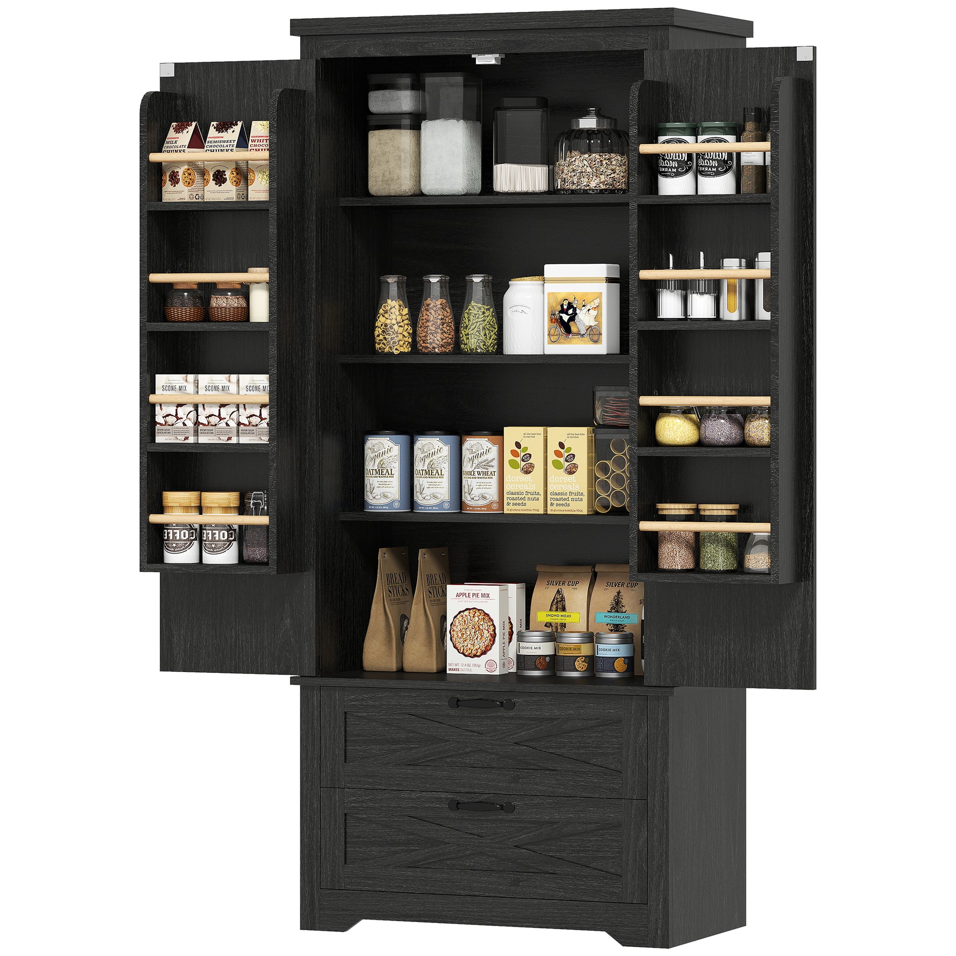 Kitchen Pantry Cabinet 64" Distressed Black-DECOROLALA