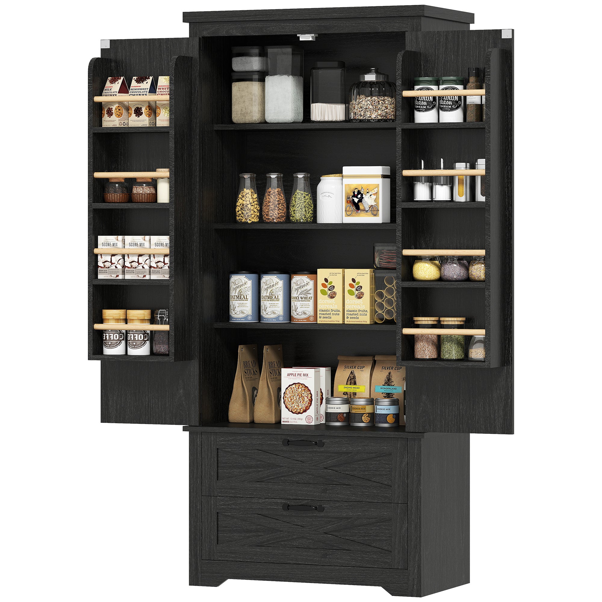 Kitchen Pantry Cabinet 64" Distressed Black-DECOROLALA