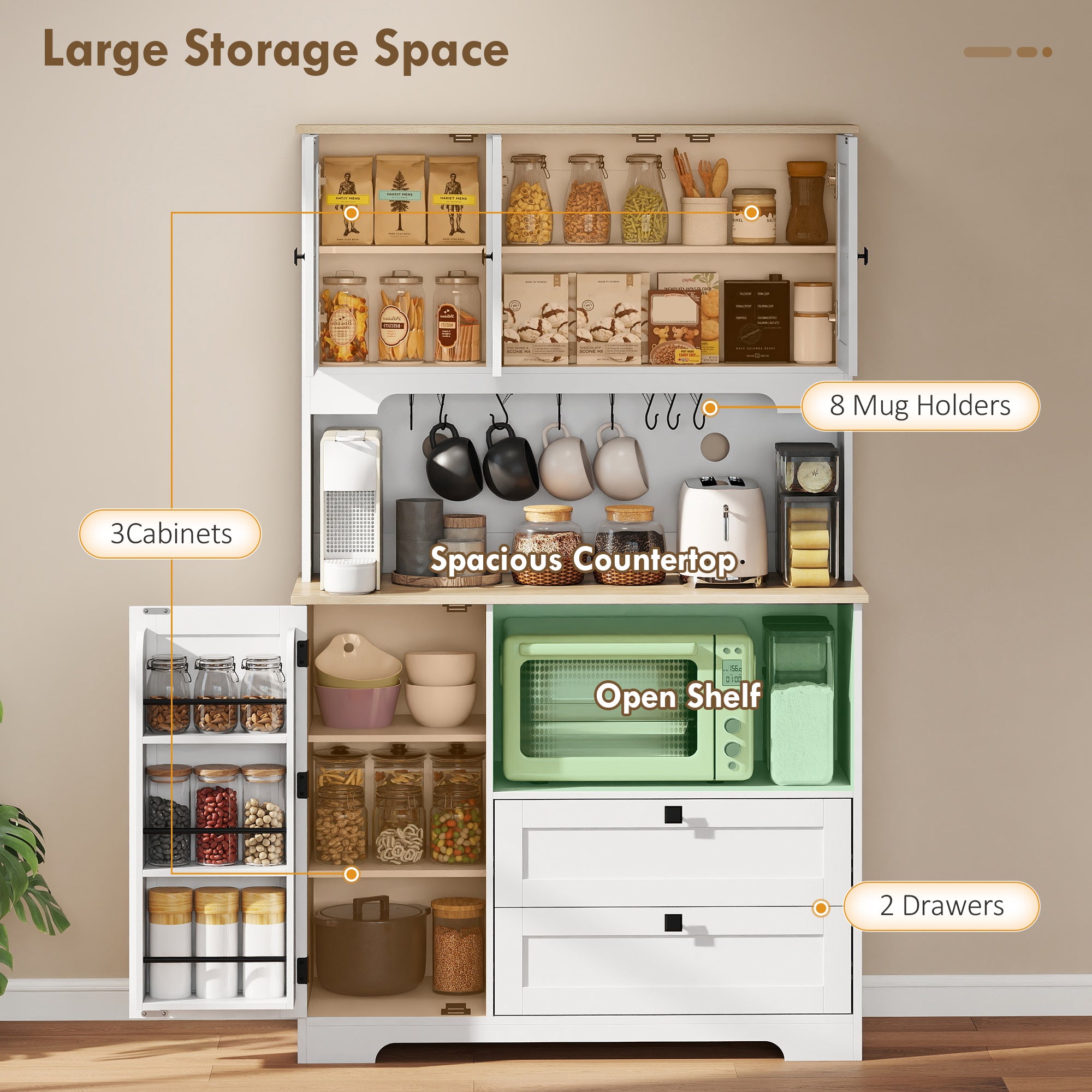 Kitchen Pantry Cabinet, 64" Tall Kitchen Hutch with 3 Cabinets, 2 Drawers, Adjustable Shelves, Microwave Stand, White-Home Furnishings > Storage & Organization > Kitchen Pantry Cabinets-DECOROLALA