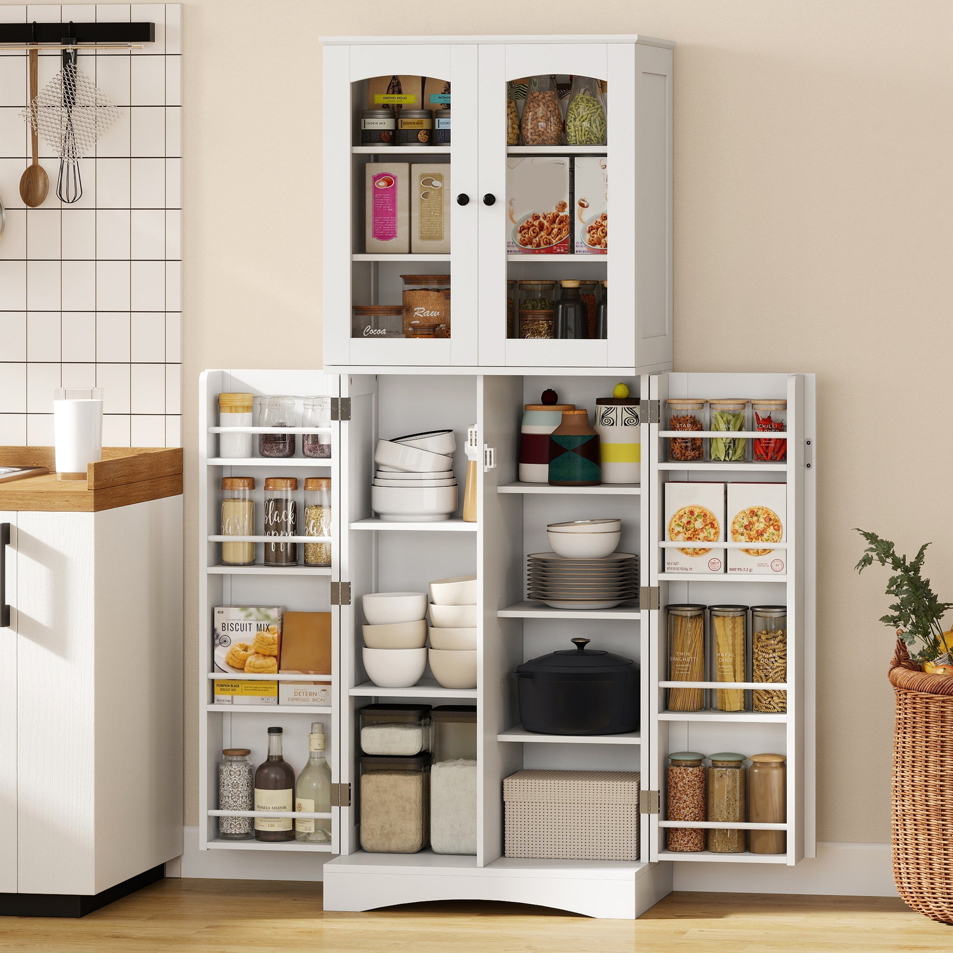 Kitchen Pantry Cabinet 64" White Acrylic-DECOROLALA