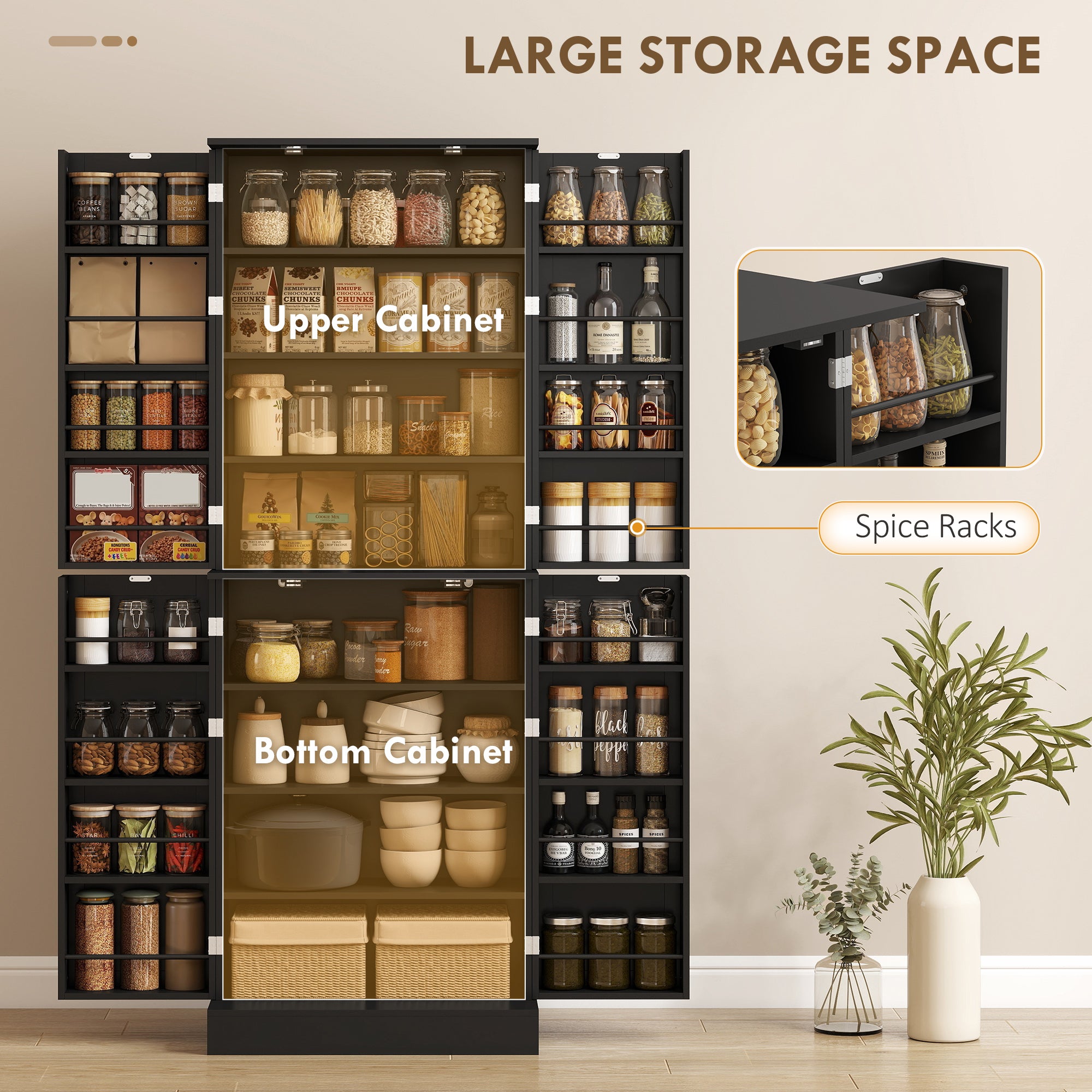 Kitchen Pantry Cabinet 65" 4 Door Black-DECOROLALA