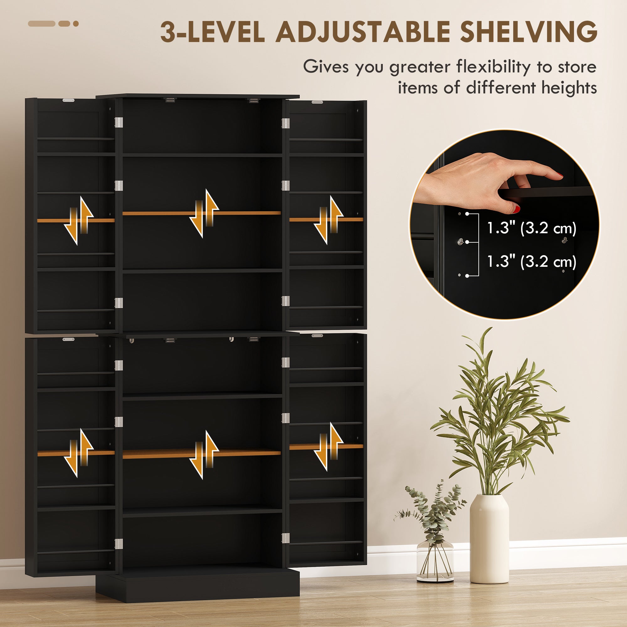 Kitchen Pantry Cabinet 65" 4 Door Black-DECOROLALA