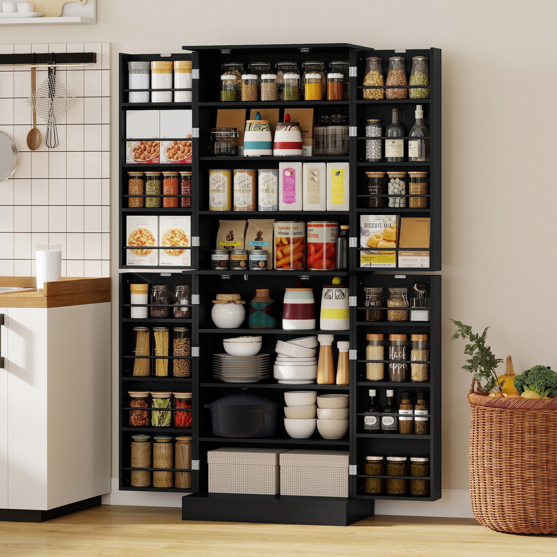 Kitchen Pantry Cabinet 65" 4 Door Black-DECOROLALA