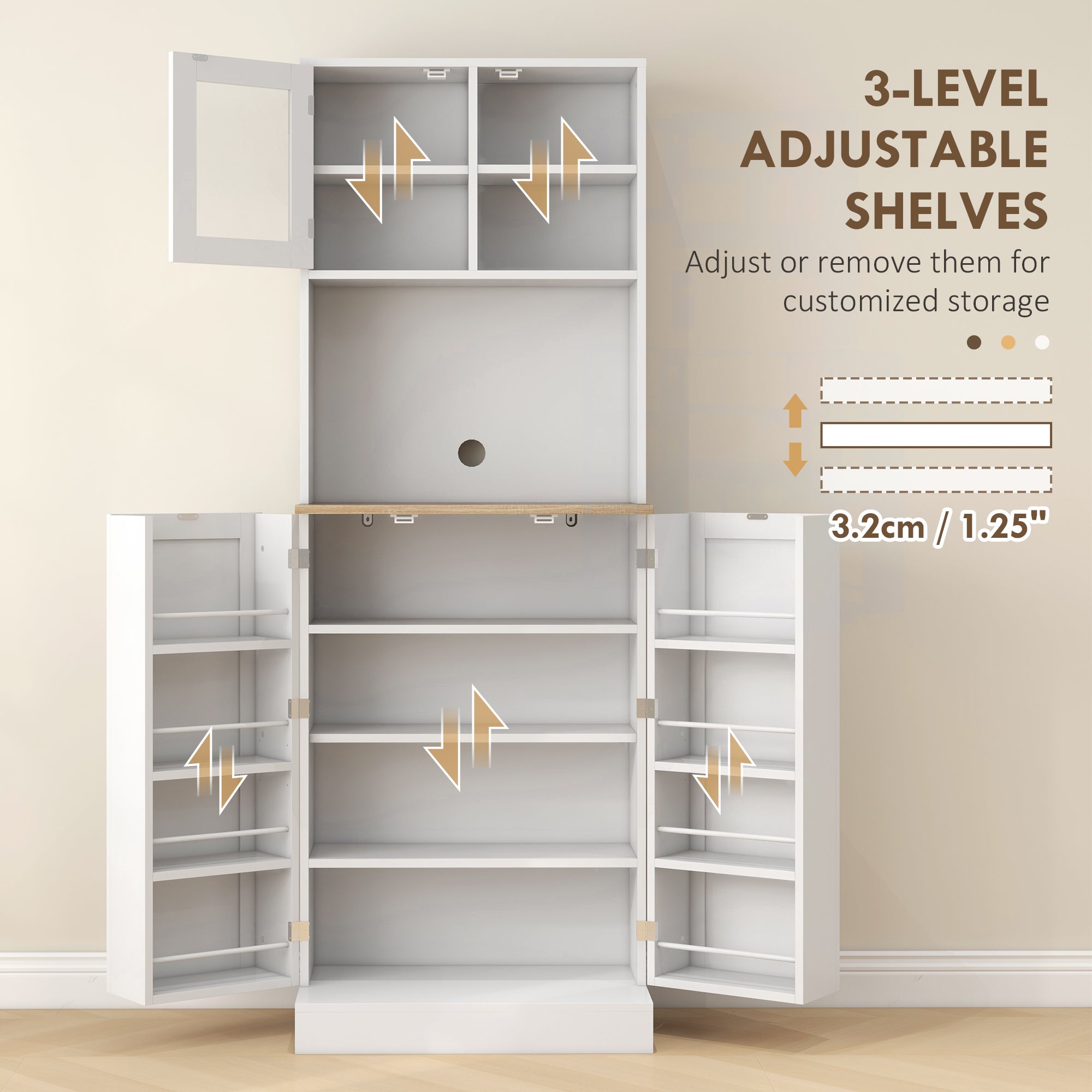 Kitchen Pantry Cabinet 66.5" Tall White Microwave-DECOROLALA