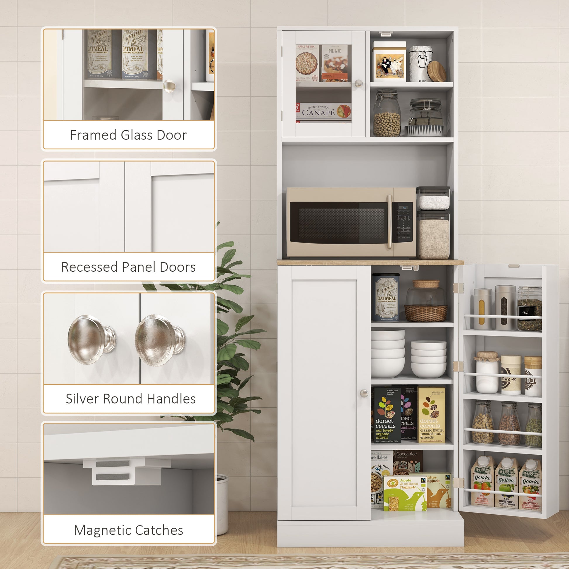 Kitchen Pantry Cabinet 66.5" Tall White Microwave-DECOROLALA