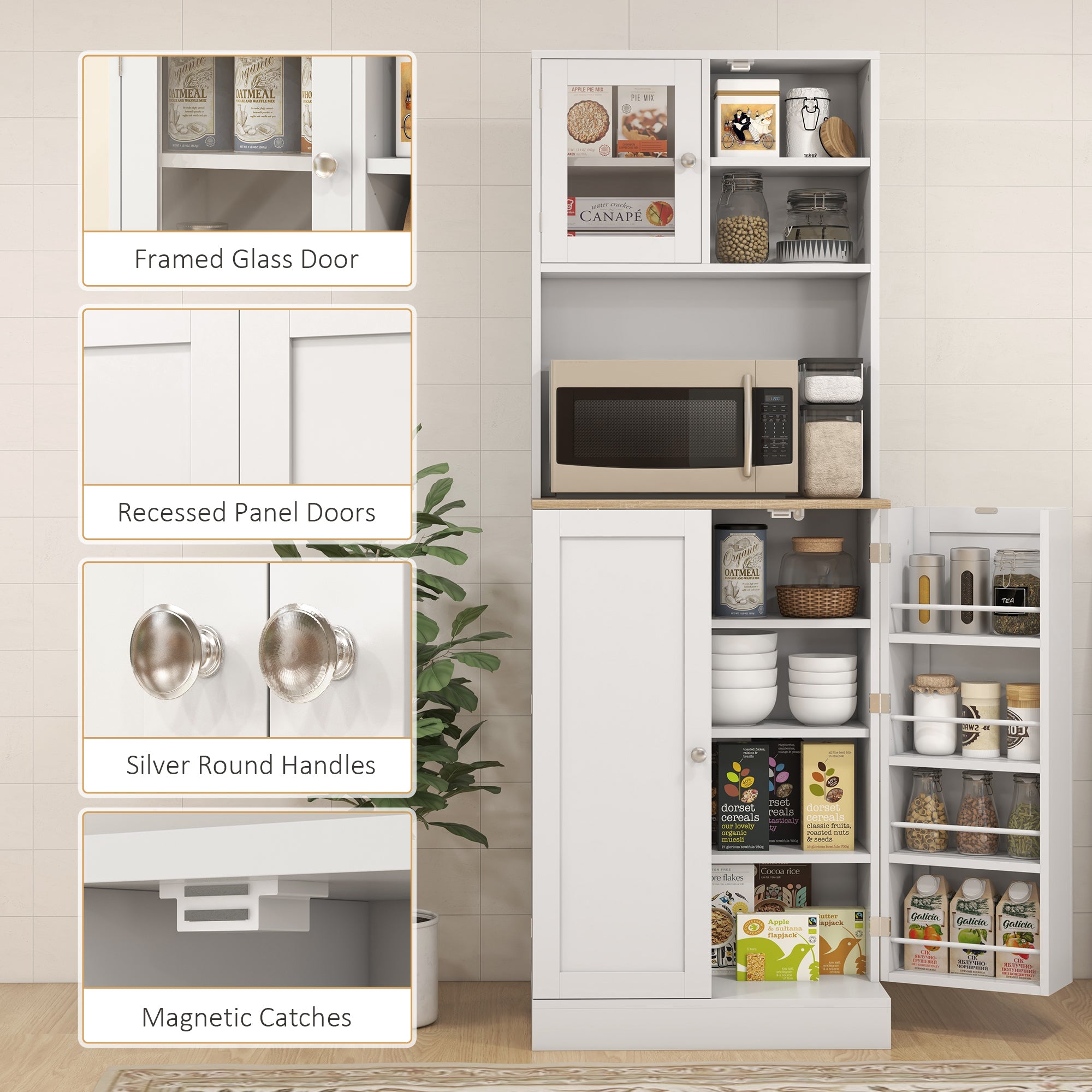 Kitchen Pantry Cabinet 66.5" Tall White Microwave-DECOROLALA