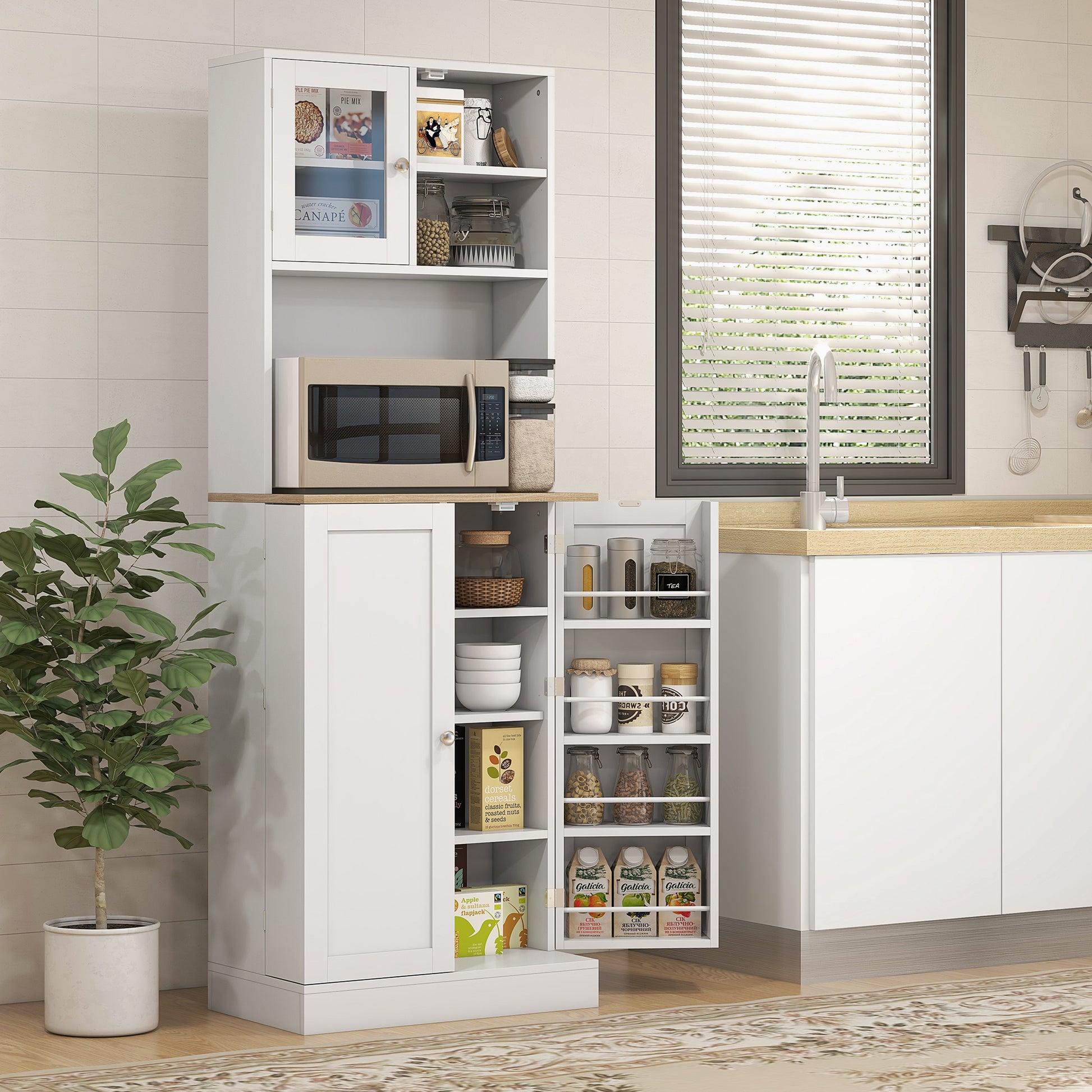 Kitchen Pantry Cabinet 66.5" Tall White Microwave-DECOROLALA