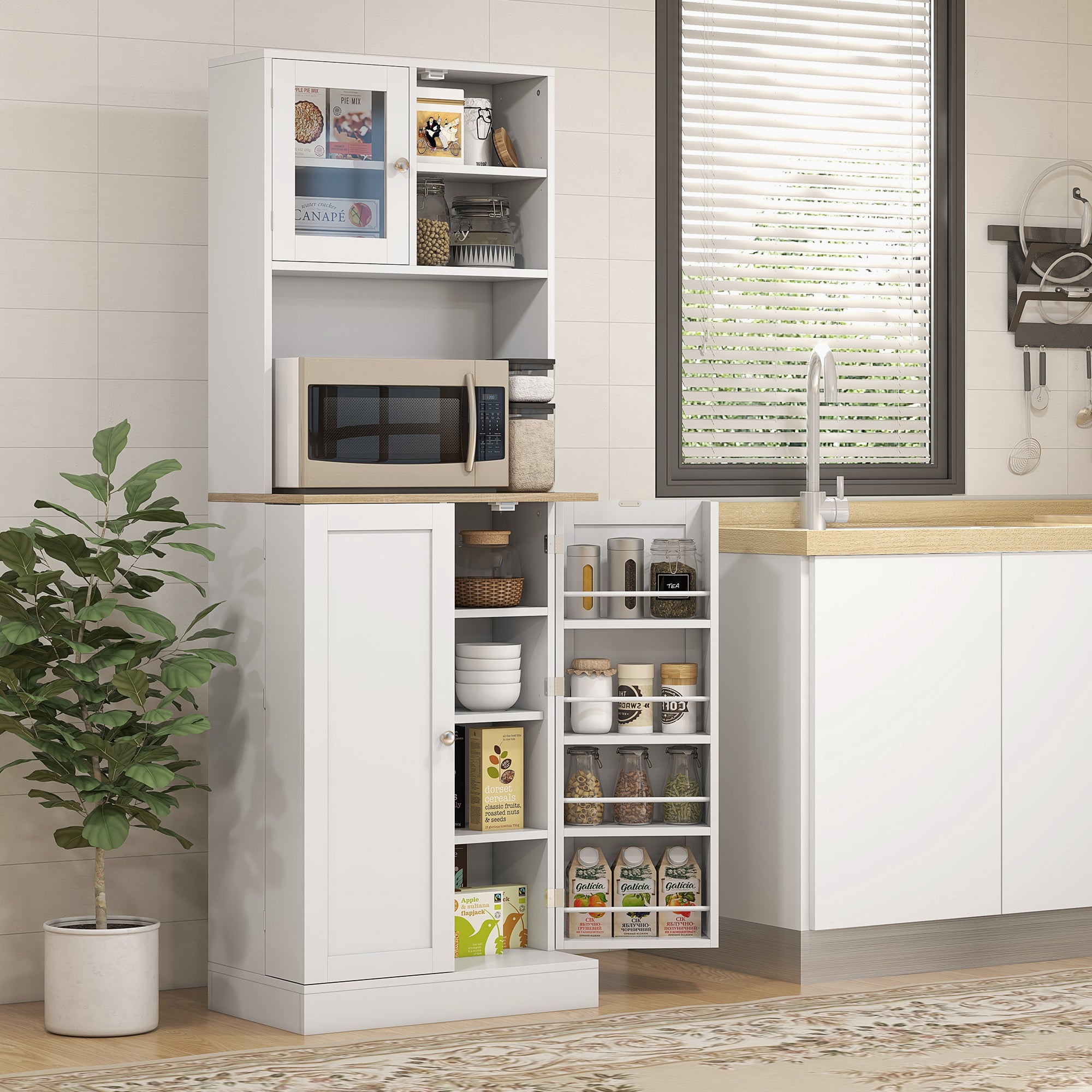 Kitchen Pantry Cabinet 66.5" Tall White Microwave-DECOROLALA