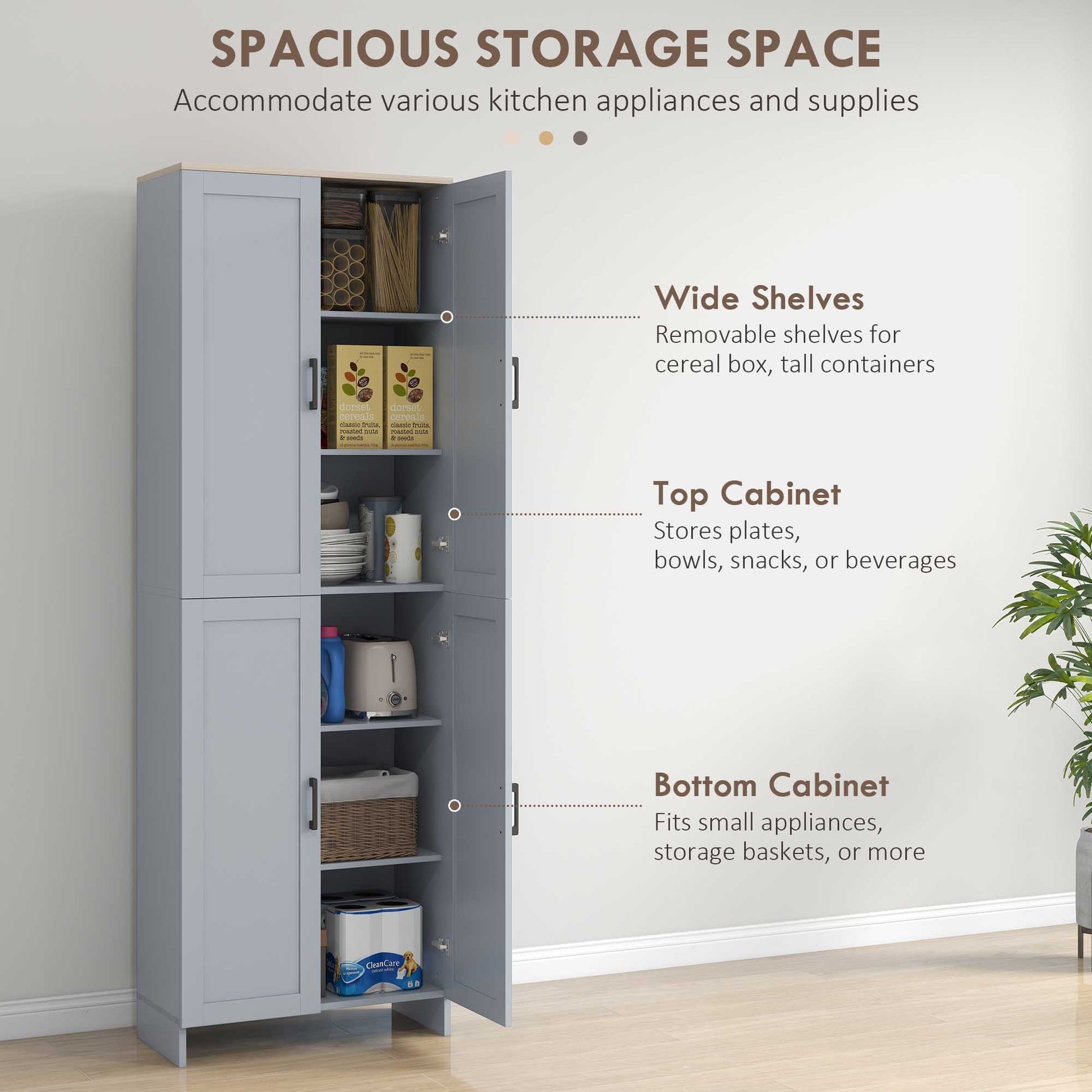 Kitchen Pantry Cabinet 67" 4-Door Grey-DECOROLALA