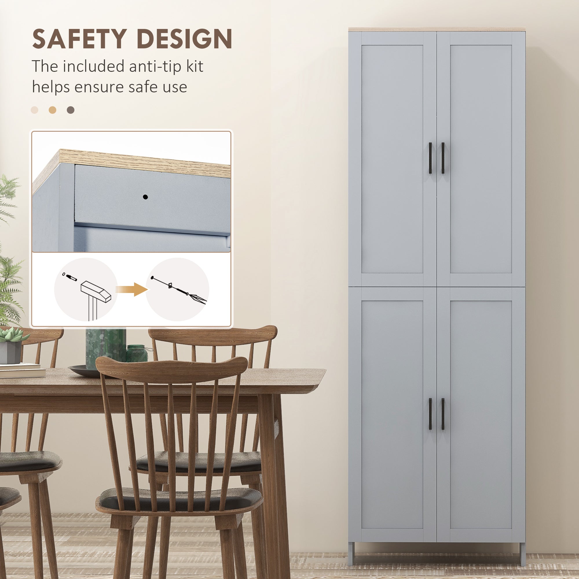 Kitchen Pantry Cabinet 67" 4-Door Grey-DECOROLALA