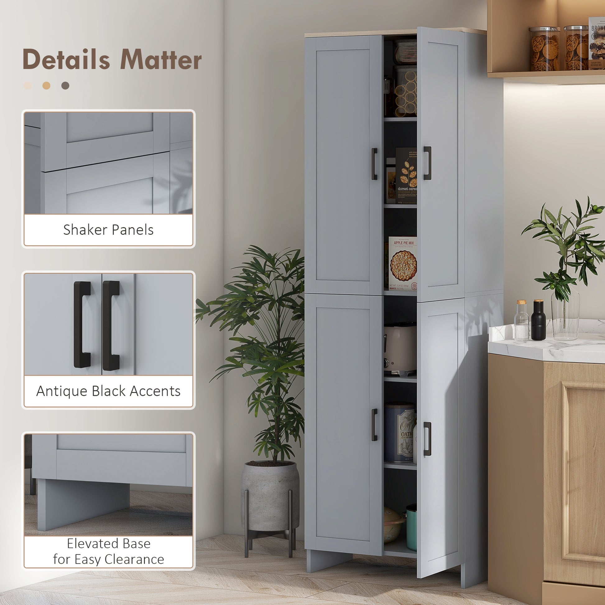 Kitchen Pantry Cabinet 67" 4-Door Grey-DECOROLALA