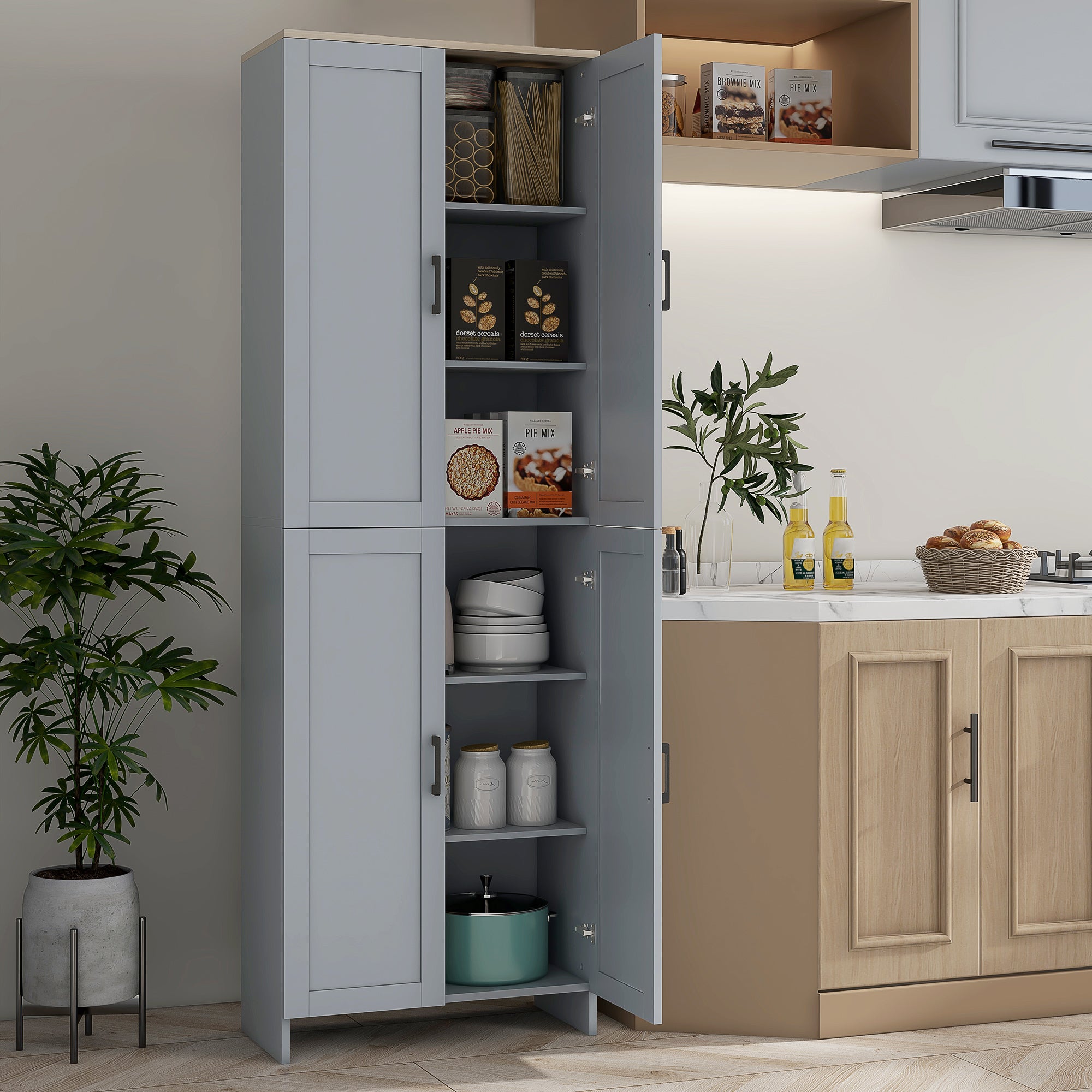 Kitchen Pantry Cabinet 67" 4-Door Grey-DECOROLALA