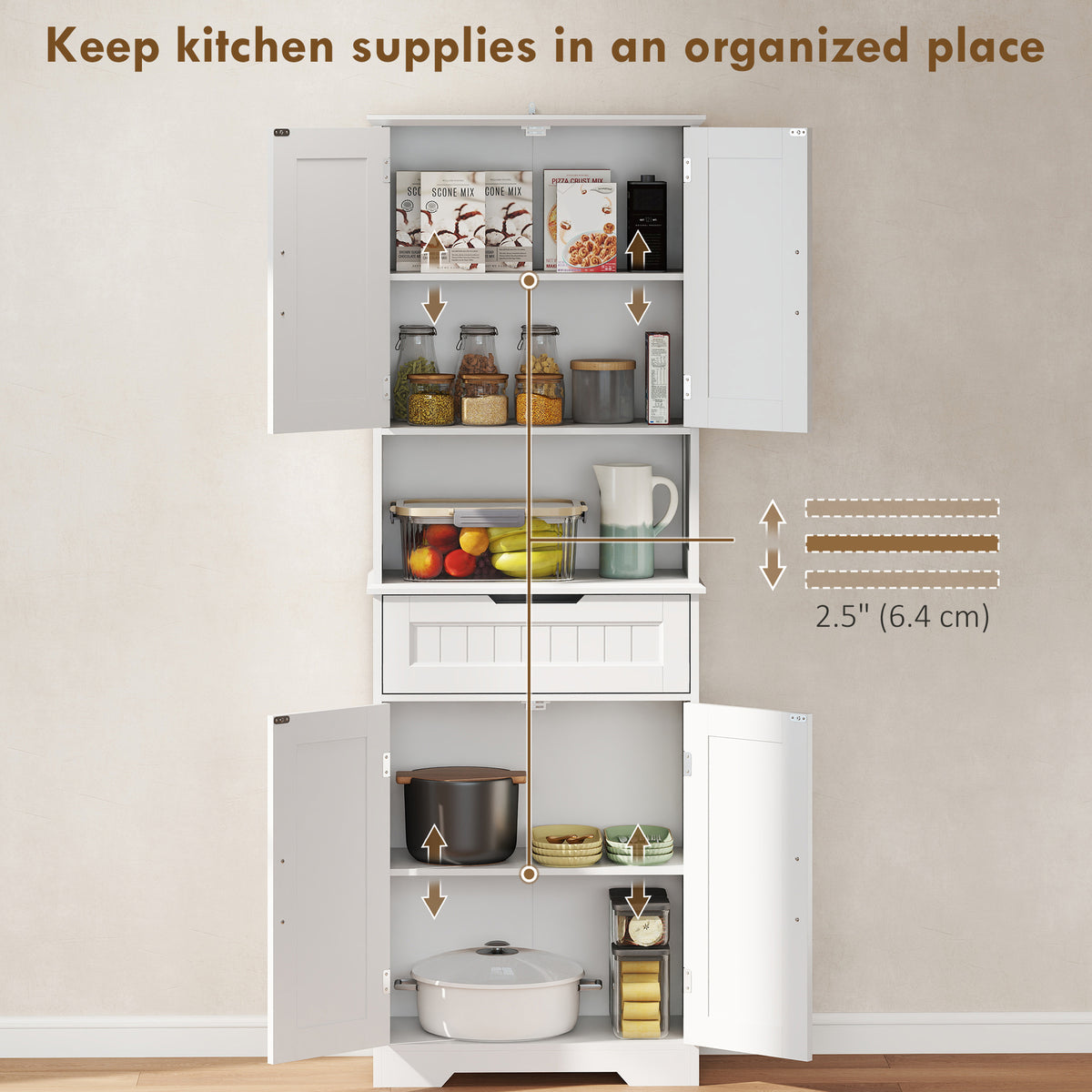 Kitchen Pantry Cabinet 68" Tall - White-DECOROLALA