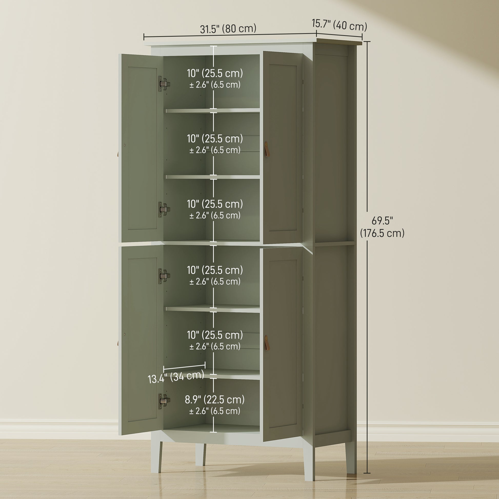 Kitchen Pantry Cabinet 69.5" Tall - Motion Sensor LED Light, Green Modern-DECOROLALA