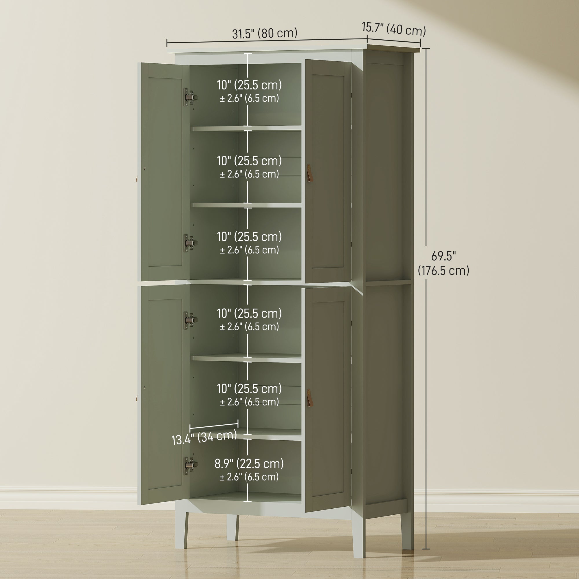 Kitchen Pantry Cabinet 69.5" Tall - Motion Sensor LED Light, Green Modern-DECOROLALA