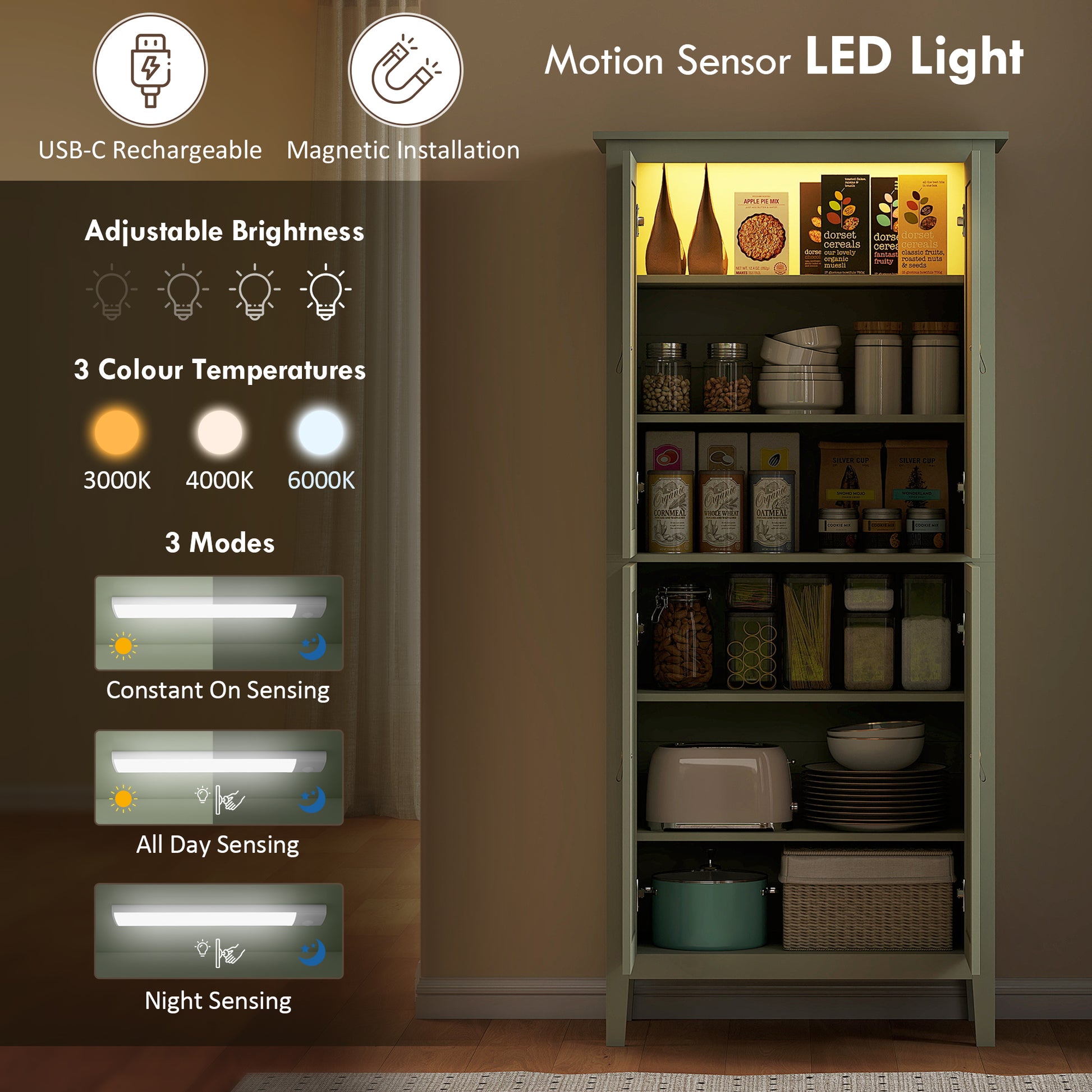 Kitchen Pantry Cabinet 69.5" Tall - Motion Sensor LED Light, Green Modern-DECOROLALA