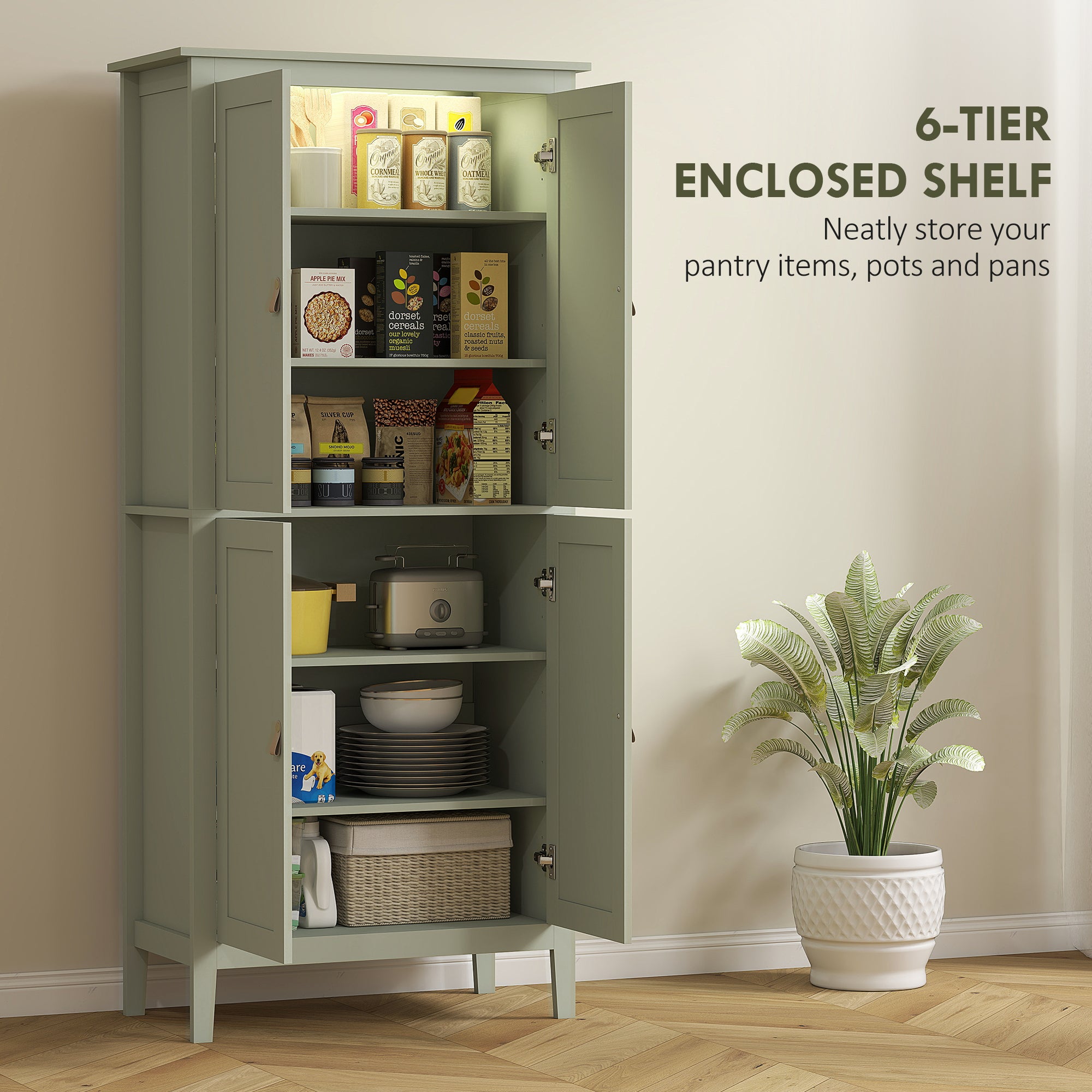 Kitchen Pantry Cabinet 69.5" Tall - Motion Sensor LED Light, Green Modern-DECOROLALA
