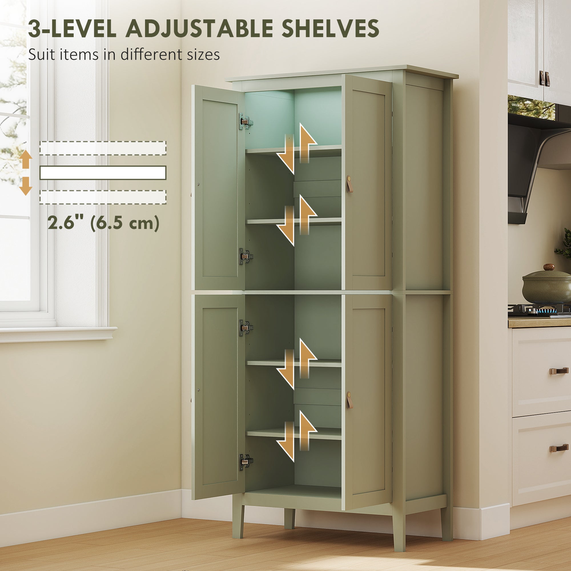 Kitchen Pantry Cabinet 69.5" Tall - Motion Sensor LED Light, Green Modern-DECOROLALA
