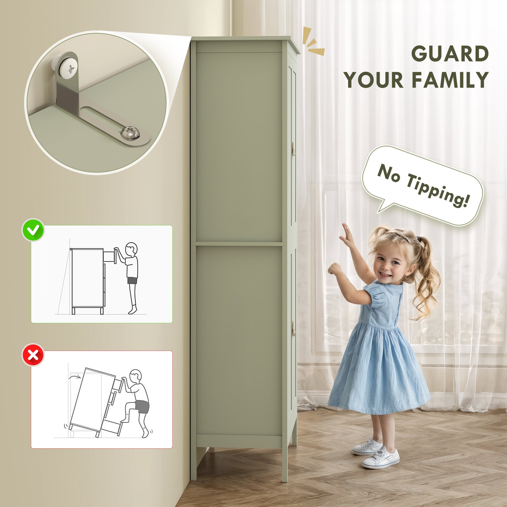 Kitchen Pantry Cabinet 69.5" Tall - Motion Sensor LED Light, Green Modern-DECOROLALA