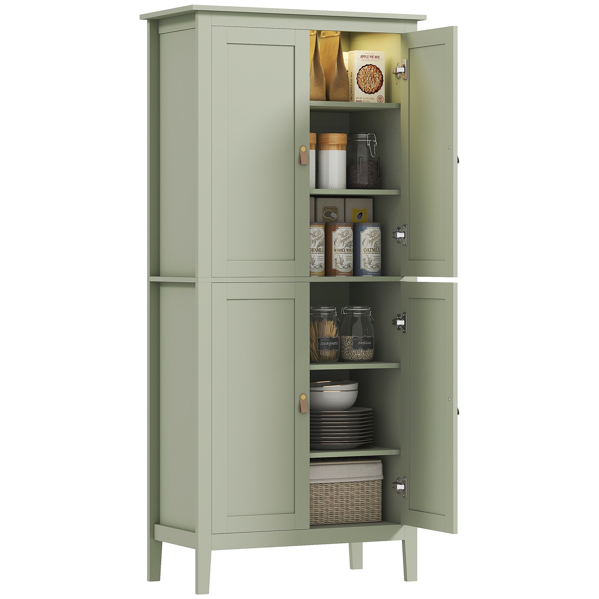 Kitchen Pantry Cabinet 69.5" Tall - Motion Sensor LED Light, Green Modern-DECOROLALA