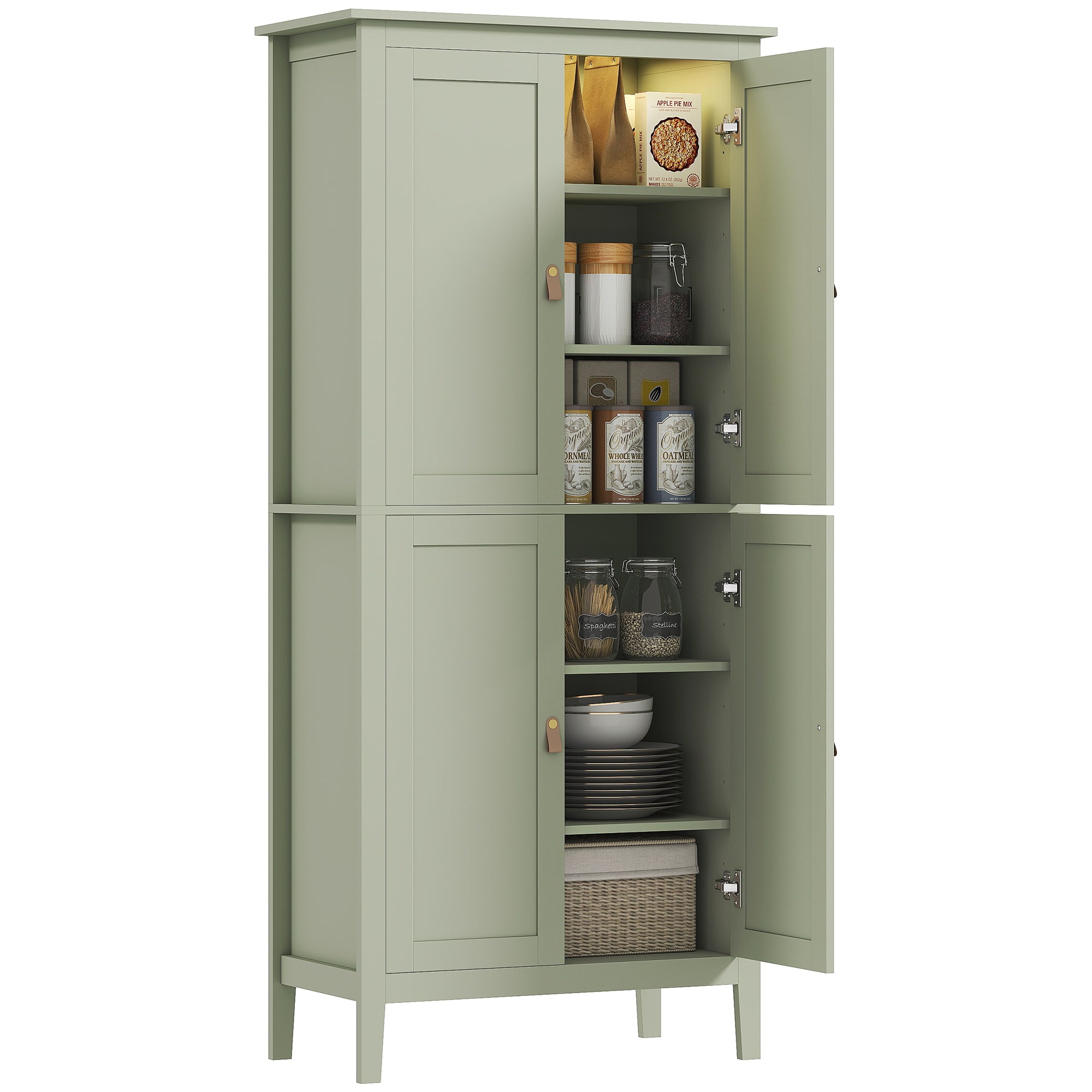 Kitchen Pantry Cabinet 69.5" Tall - Motion Sensor LED Light, Green Modern-DECOROLALA