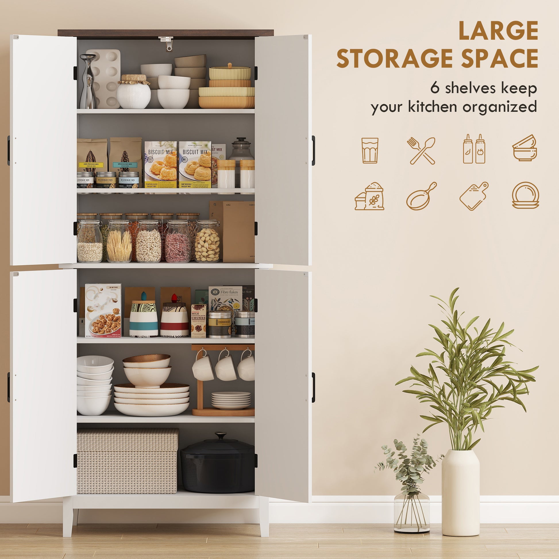 Kitchen Pantry Cabinet 70" White Farmhouse-DECOROLALA