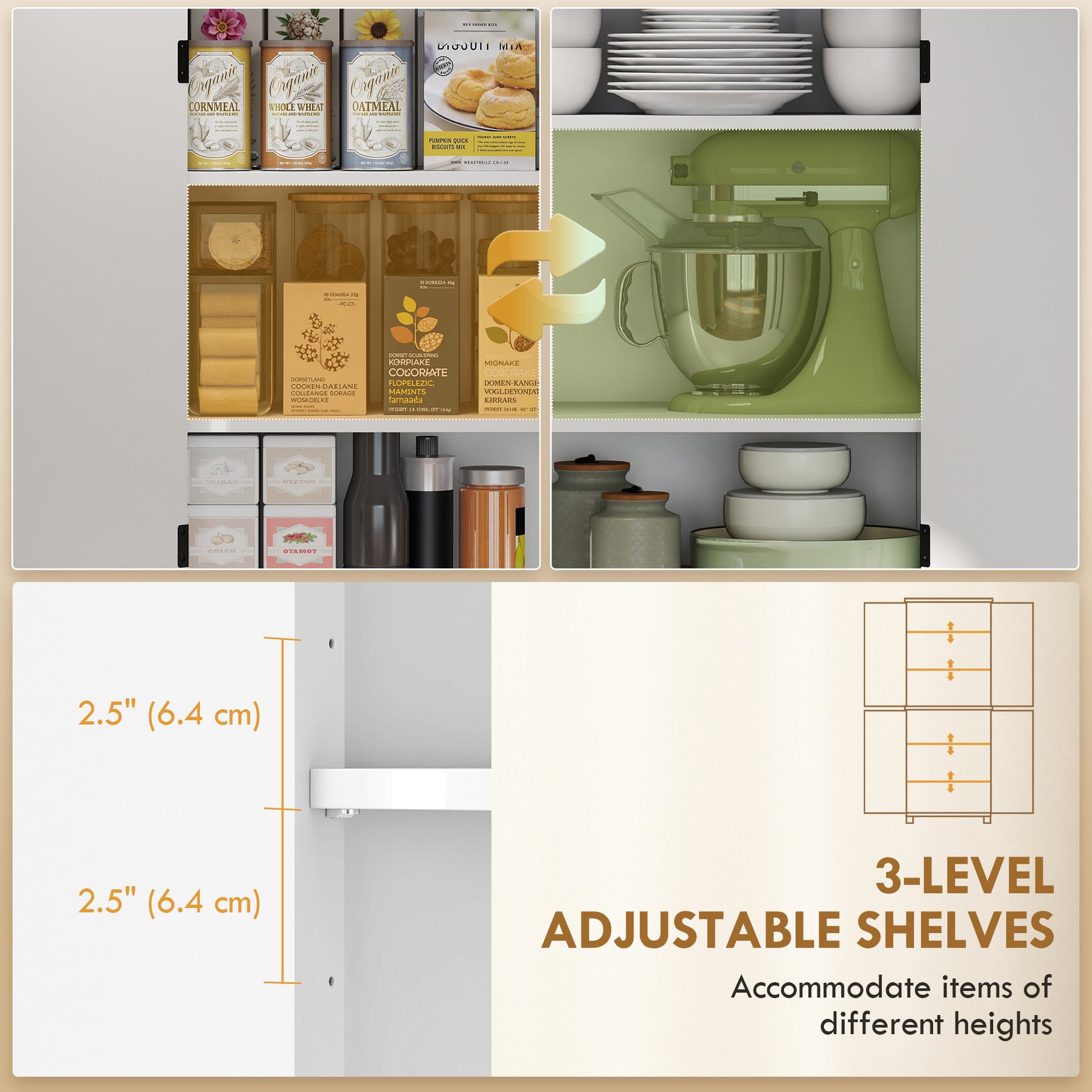 Kitchen Pantry Cabinet 70" White Farmhouse-DECOROLALA