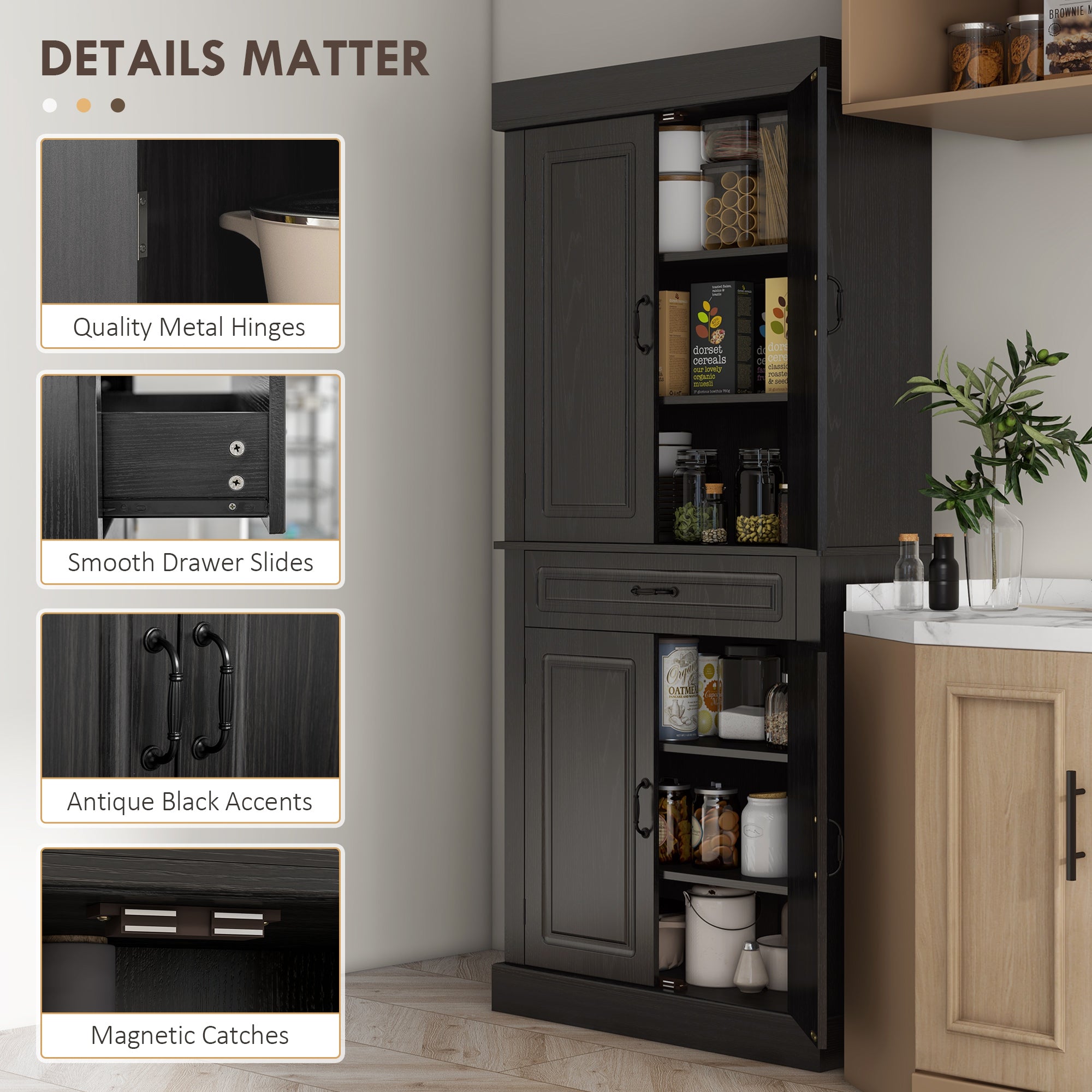 Kitchen Pantry Cabinet 71" - Distressed Black-DECOROLALA