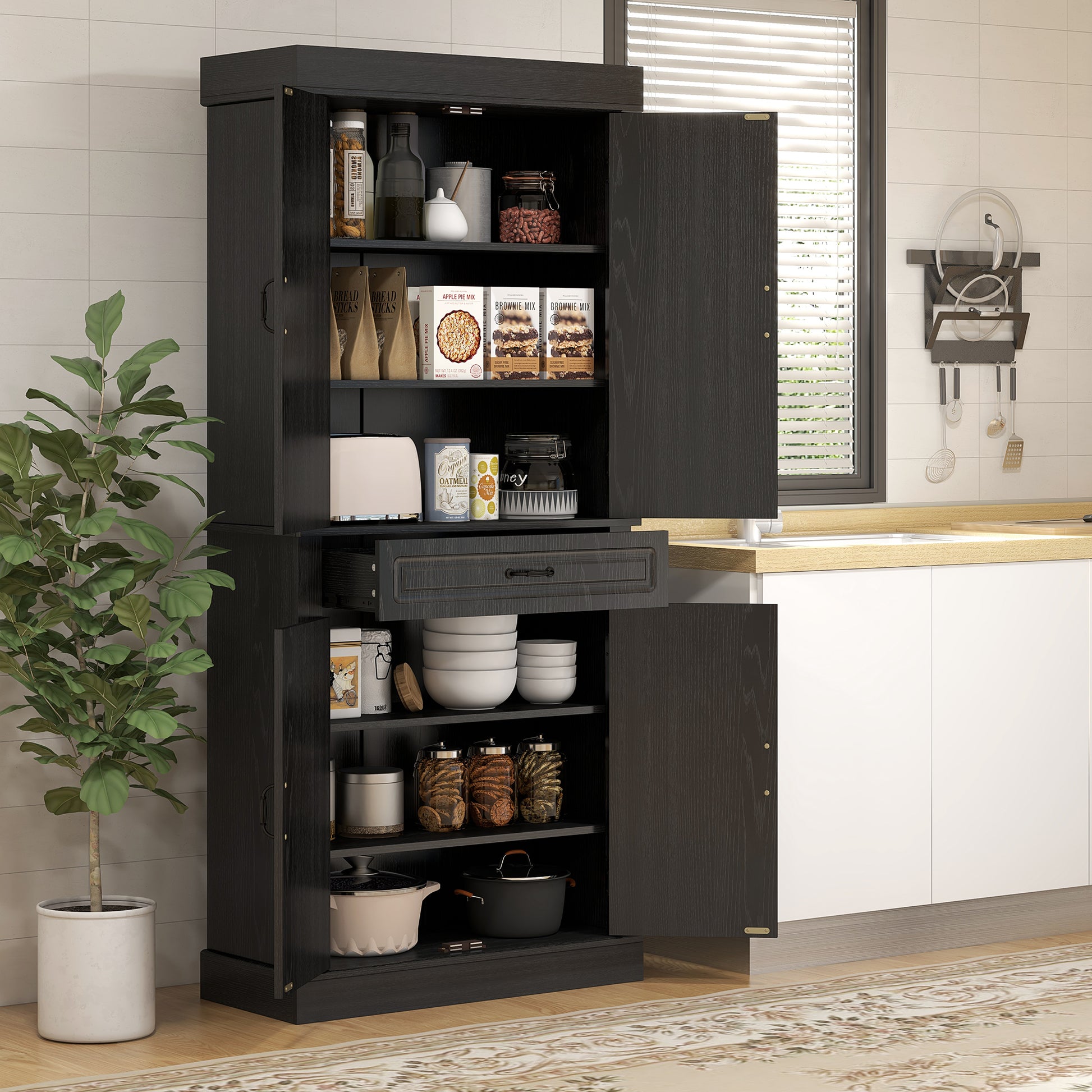Kitchen Pantry Cabinet 71" - Distressed Black-DECOROLALA