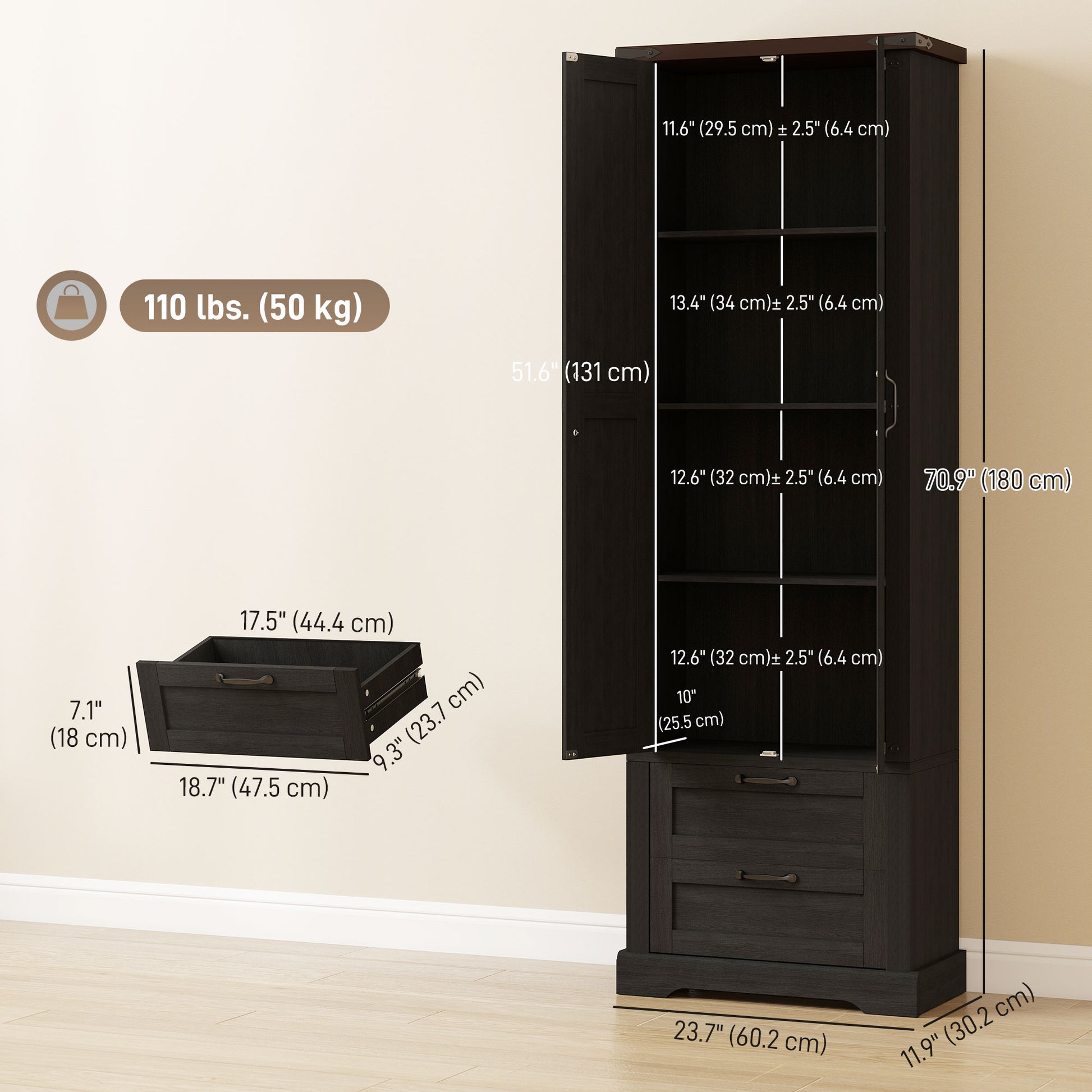 Kitchen Pantry Cabinet 71" Farmhouse Storage - 2 Drawers Black-DECOROLALA