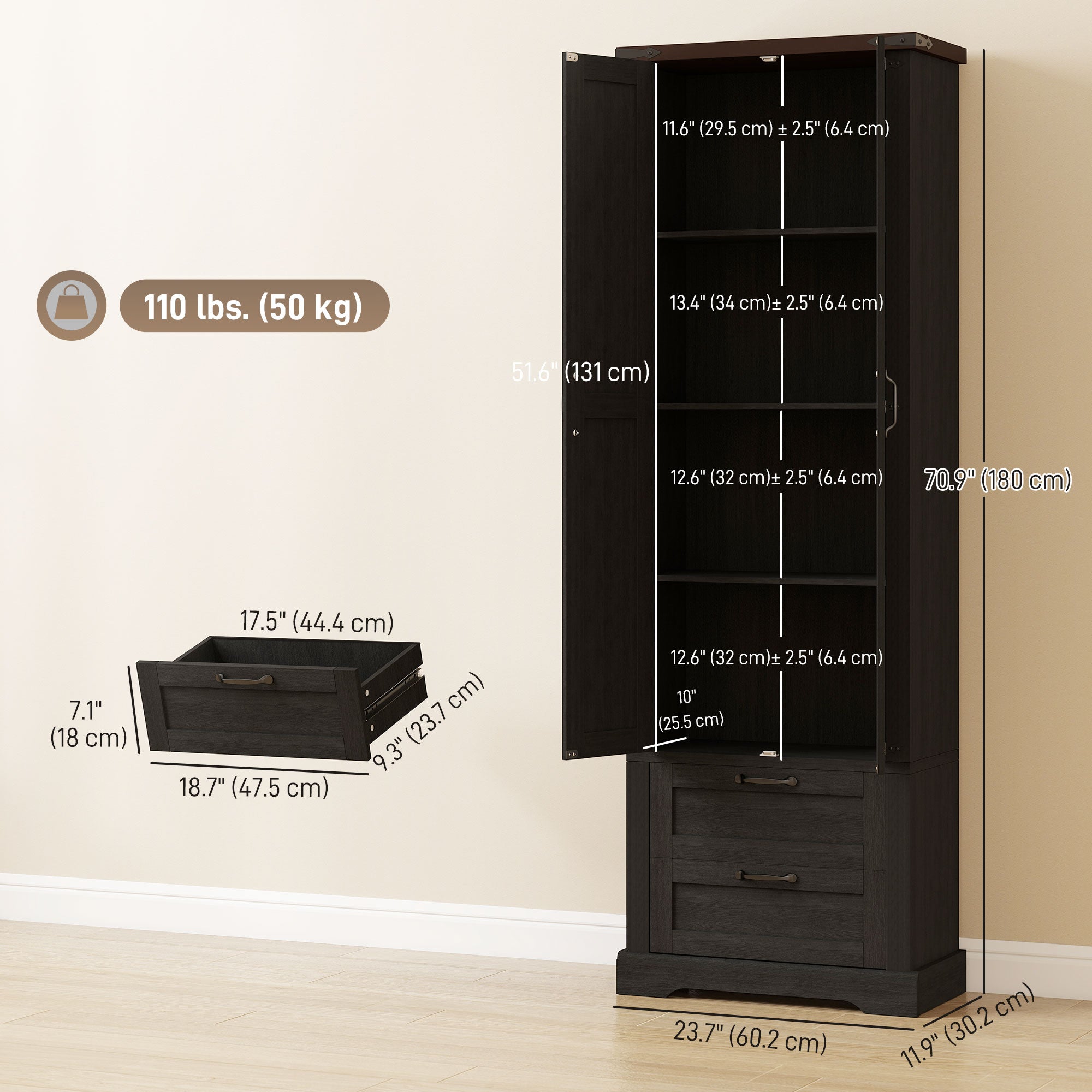 Kitchen Pantry Cabinet 71" Farmhouse Storage - 2 Drawers Black-DECOROLALA