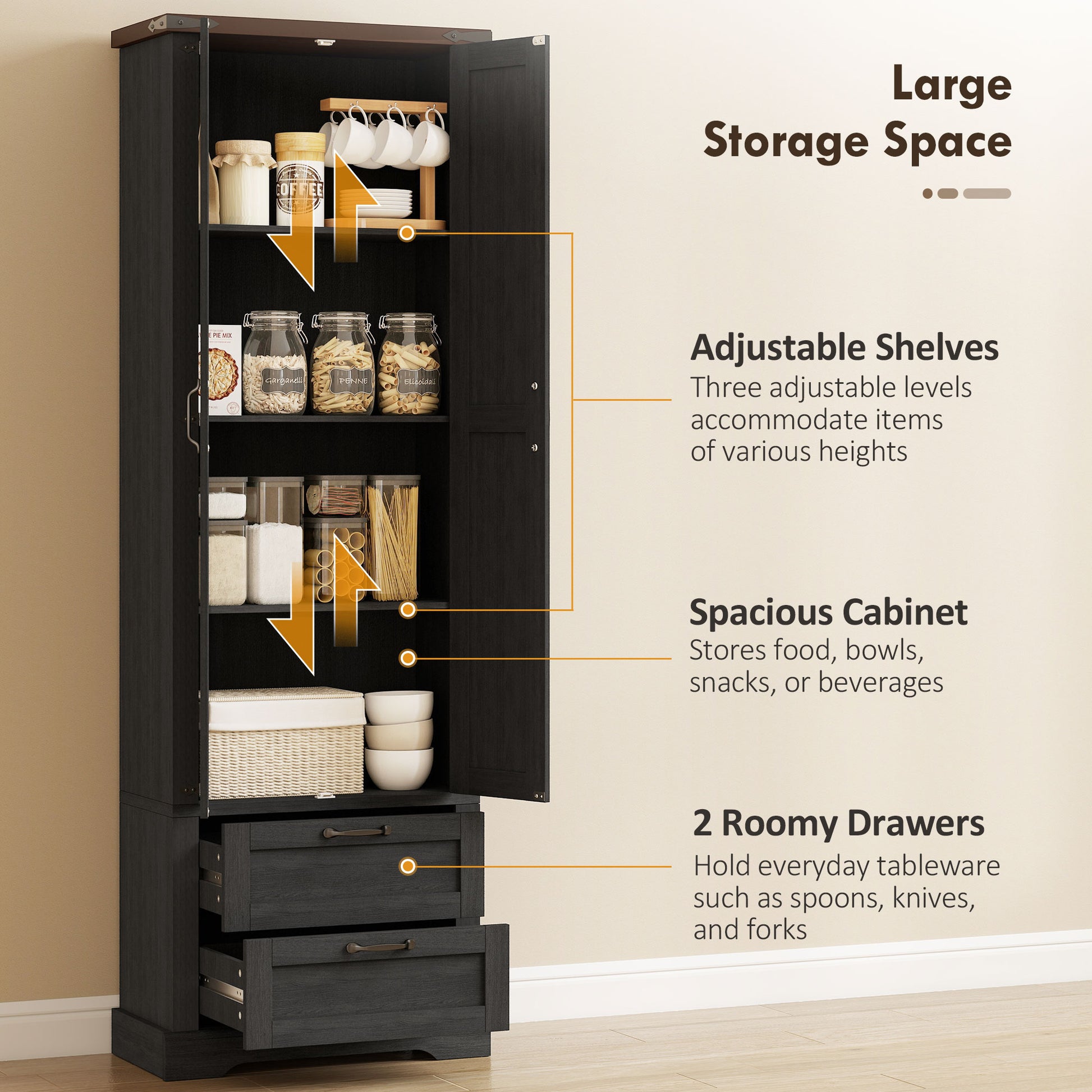 Kitchen Pantry Cabinet 71" Farmhouse Storage - 2 Drawers Black-DECOROLALA