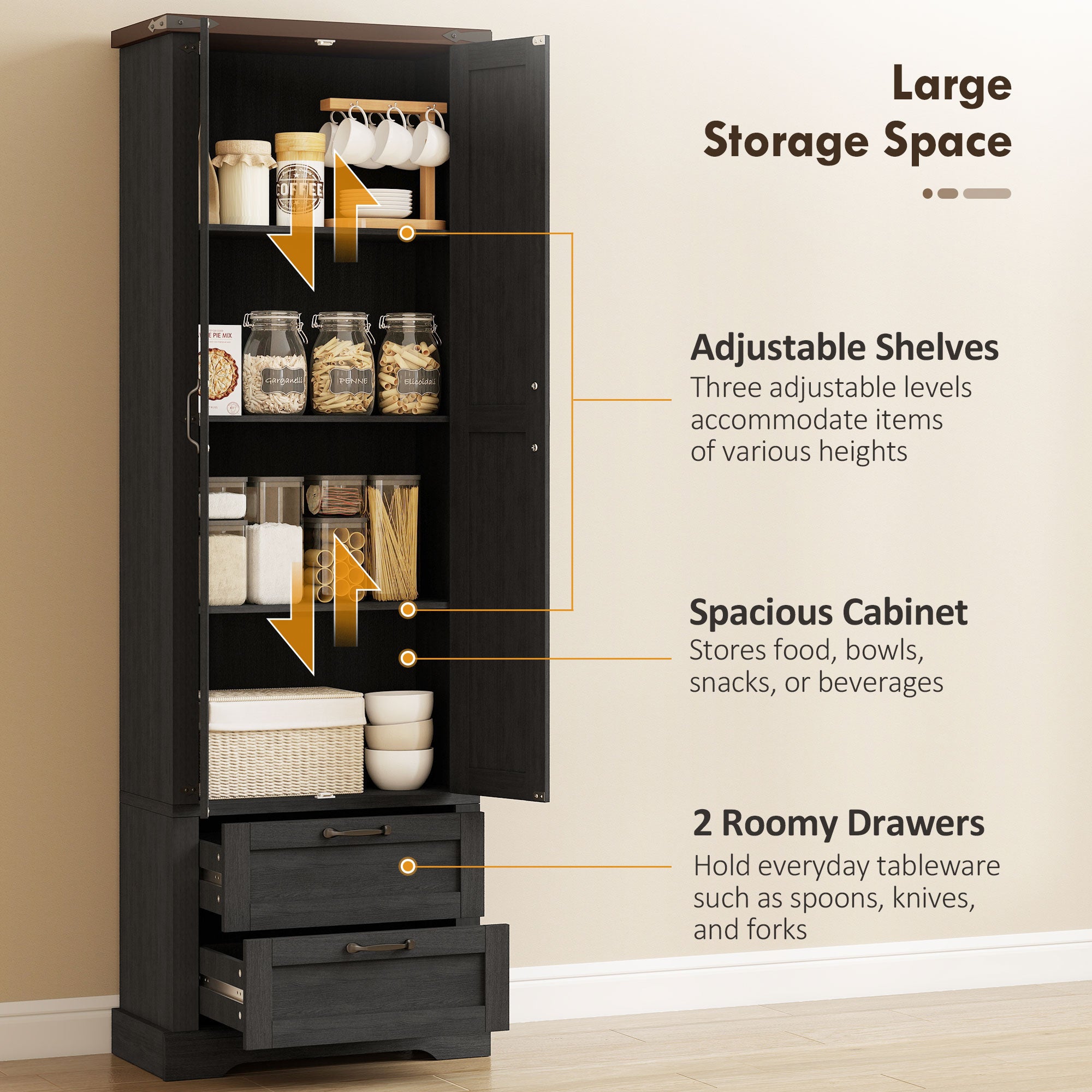 Kitchen Pantry Cabinet 71" Farmhouse Storage - 2 Drawers Black-DECOROLALA