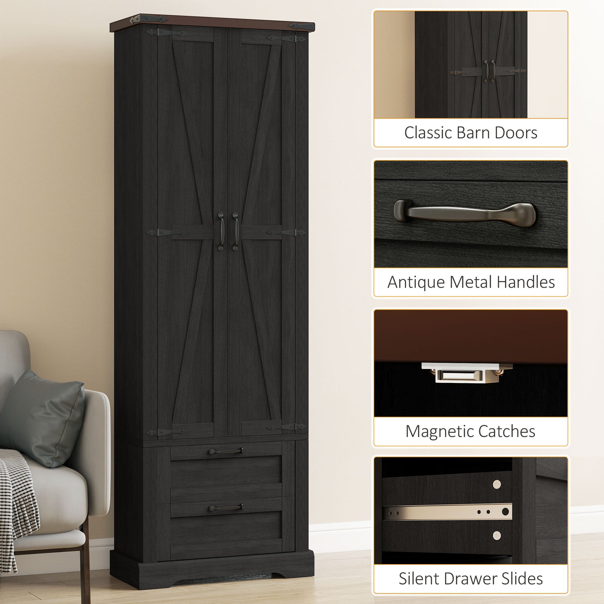 Kitchen Pantry Cabinet 71" Farmhouse Storage - 2 Drawers Black-DECOROLALA