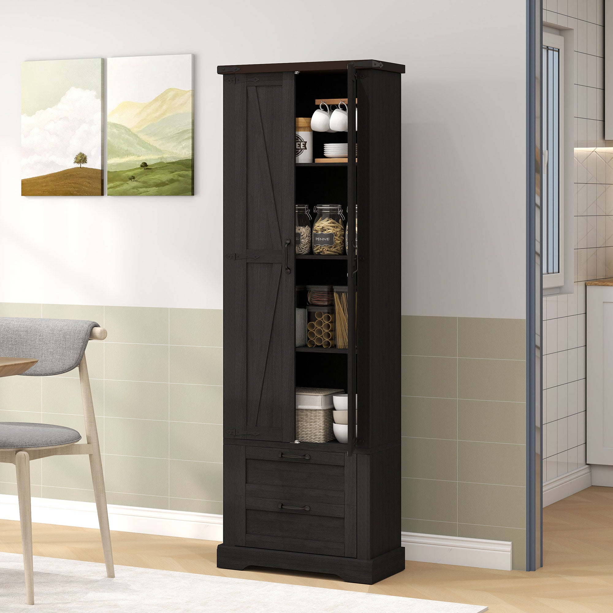 Kitchen Pantry Cabinet 71" Farmhouse Storage - 2 Drawers Black-DECOROLALA